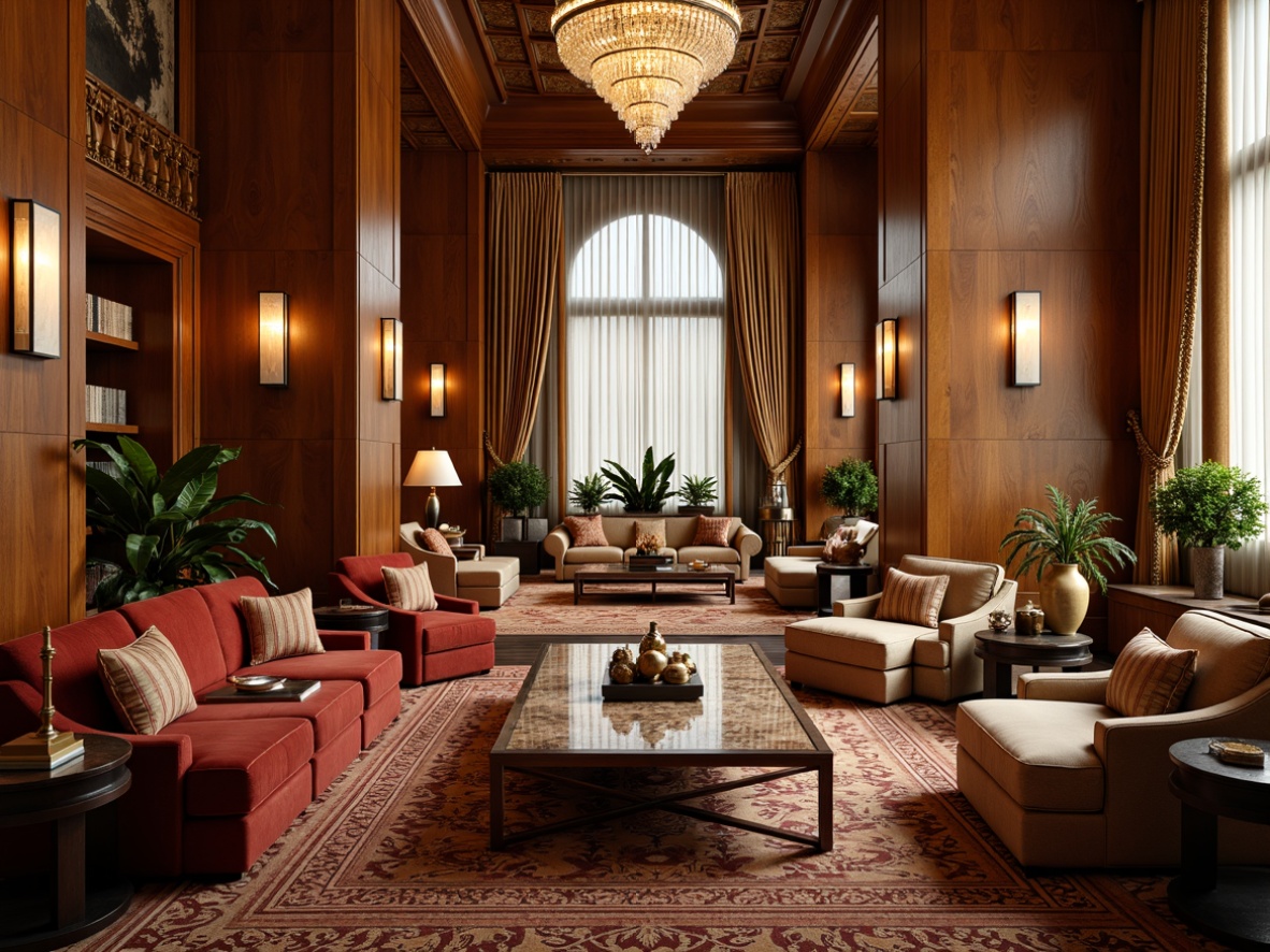 Prompt: Luxurious great room, art deco style, lavish furnishings, velvet sofas, marble coffee tables, ornate metal frames, crystal chandeliers, rich wood paneling, geometric patterns, metallic accents, opulent textiles, intricate embroidery, beaded curtains, tufted upholstery, glamorous atmosphere, warm golden lighting, shallow depth of field, 1/1 composition, realistic reflections, ambient occlusion.