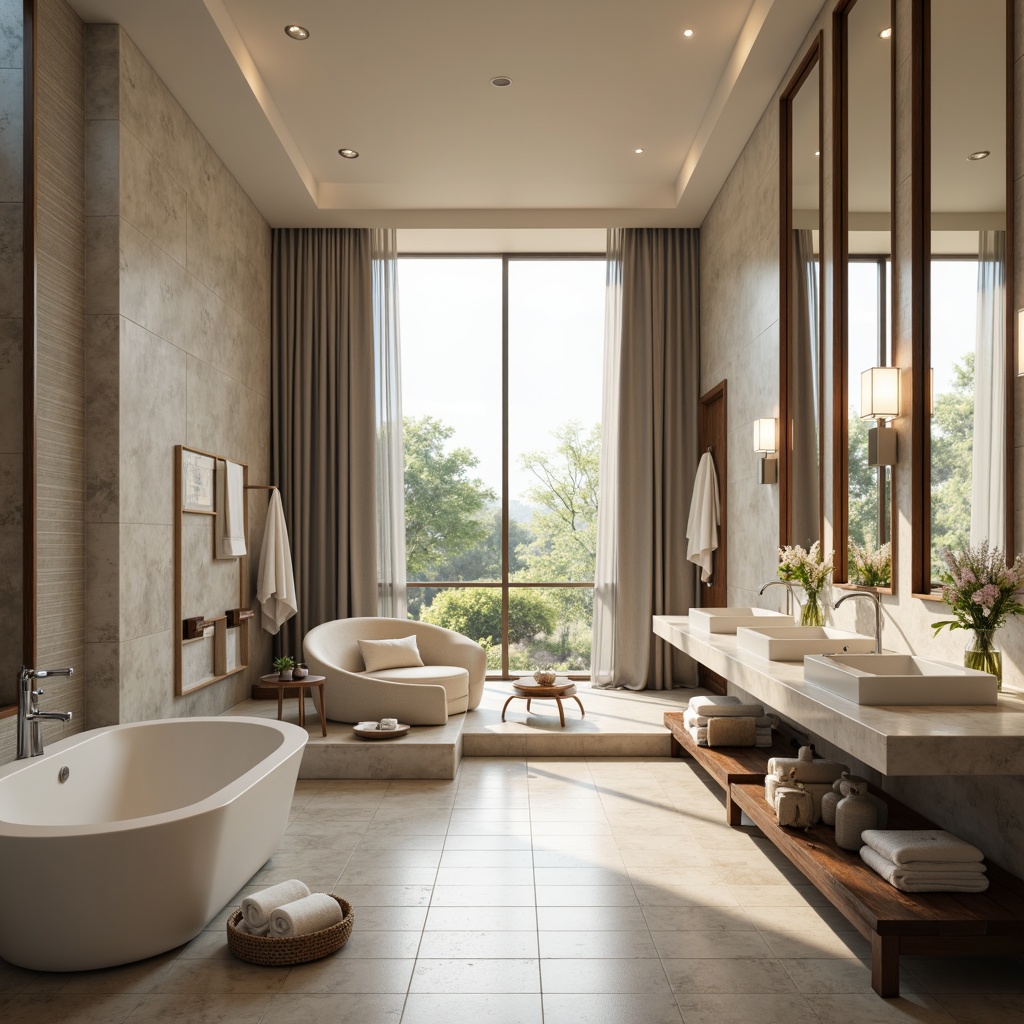 Prompt: Calming bathroom ambiance, soft warm lighting, large mirrors, freestanding tubs, rainfall showerheads, marble countertops, ceramic flooring, spa-inspired decor, earthy tones, soothing blues, creamy whites, natural stone accents, gentle pastels, luxurious textiles, modern fixtures, elegant chrome hardware, minimal ornamentation, airy atmosphere.