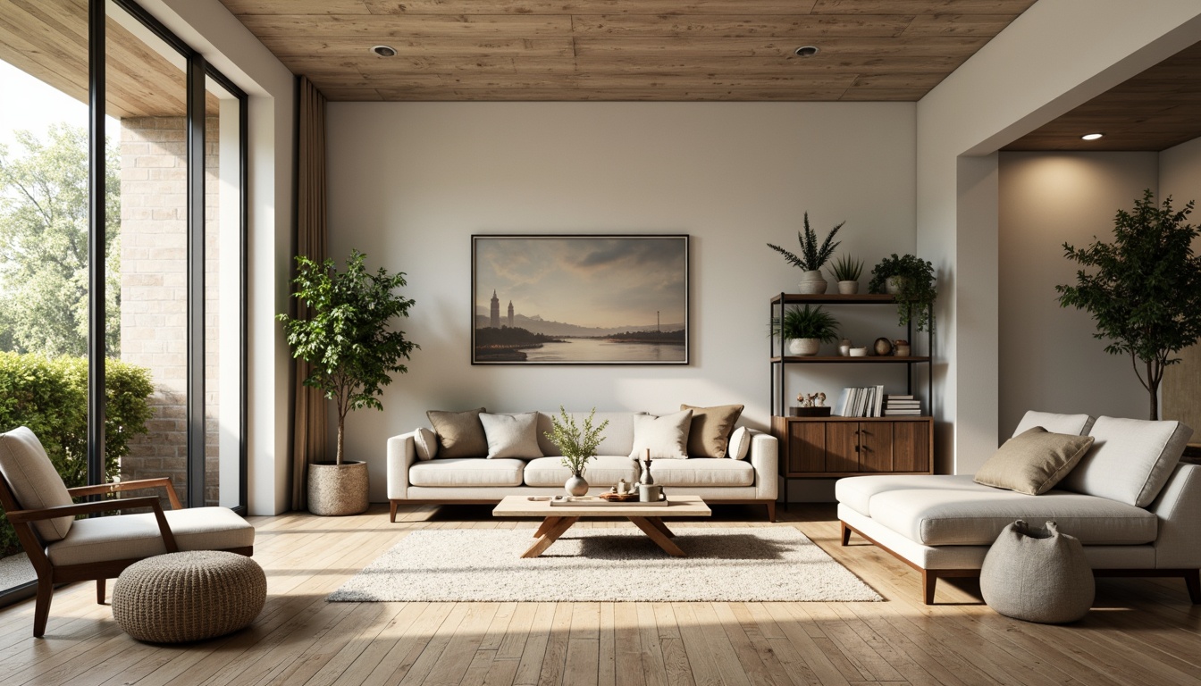 Prompt: Minimalist living room, sleek low-profile sofa, geometric coffee table, floor-to-ceiling windows, natural wood flooring, soft diffused lighting, 1/1 composition, intimate scale, cozy atmosphere, lush greenery, potted plants, rustic wooden shelves, industrial metal chairs, Scandinavian-inspired decor, warm beige color palette, ambient shadows, realistic textures.