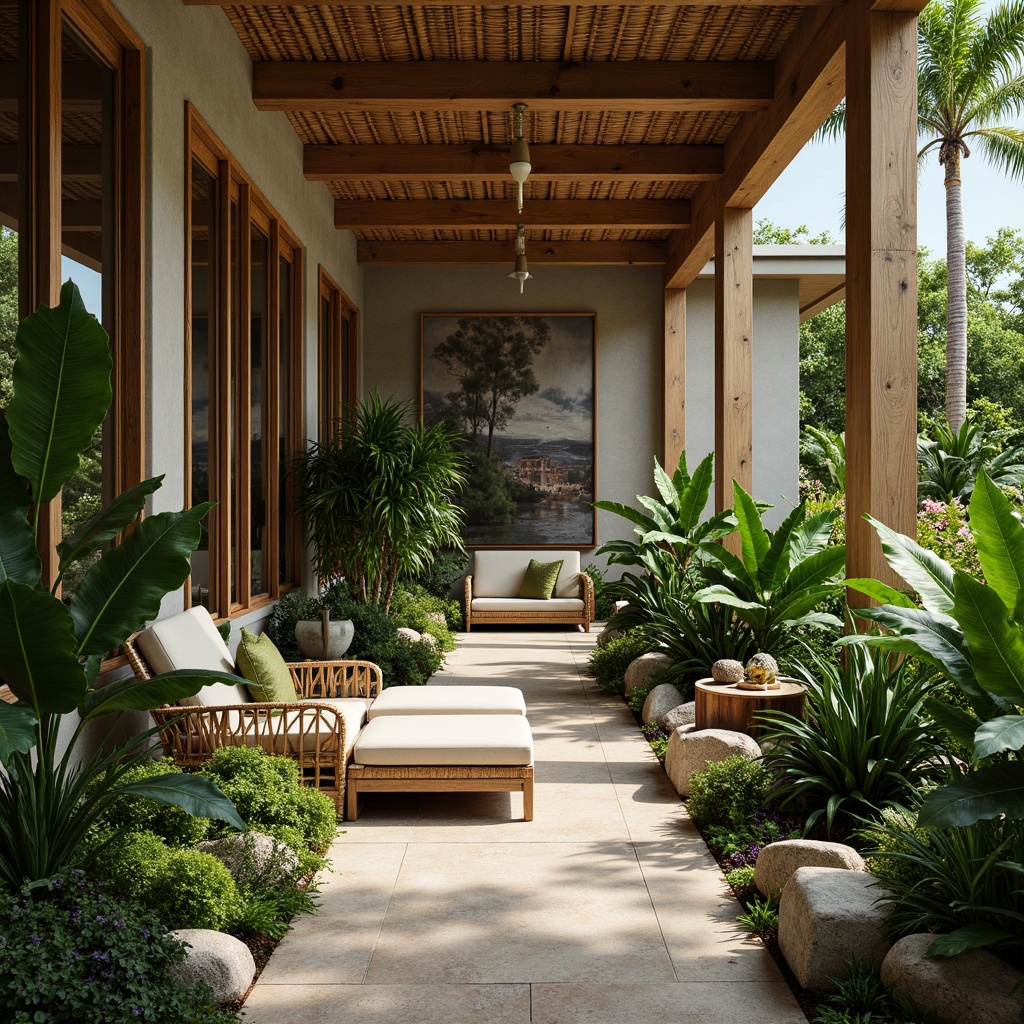 Prompt: Lush greenery, exotic tropical plants, natural wood accents, bamboo walls, traditional Asian-inspired architecture, serene indoor ambiance, warm soft lighting, shallow depth of field, 1/1 composition, intimate scale, cozy reading nooks, woven rattan furniture, earthy color palette, organic textures, subtle scent of essential oils, calming water features, gentle misting systems, minimalist decor, natural stone flooring, large windows, sliding glass doors, abundant natural light, vibrant flower arrangements.