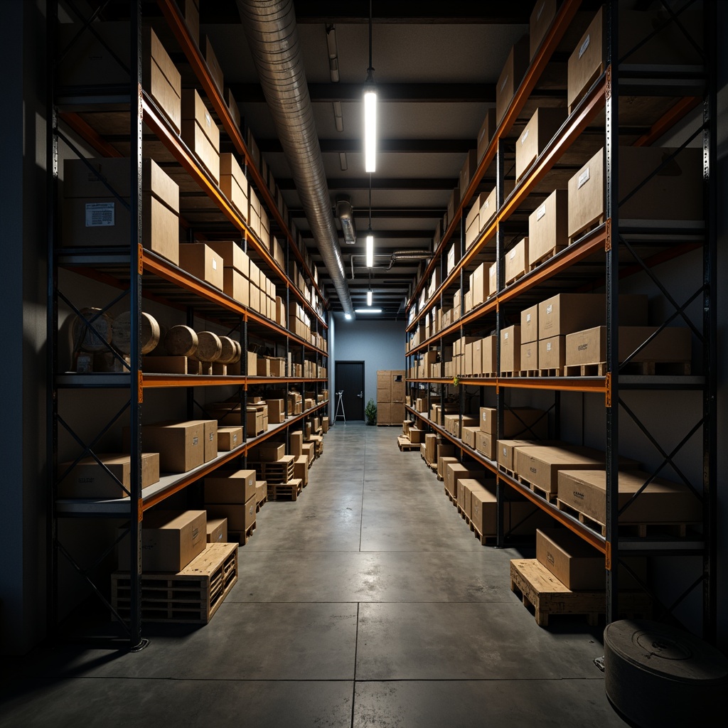 Prompt: Dimly lit storage room, industrial shelving units, metal racks, cardboard boxes, wooden crates, dimmable LED strips, warm white lighting, soft shadows, narrow aisles, concrete floors, exposed ductwork, minimalist decor, functional layout, task-oriented lighting, 1/1 composition, high contrast ratio, realistic textures, ambient occlusion.