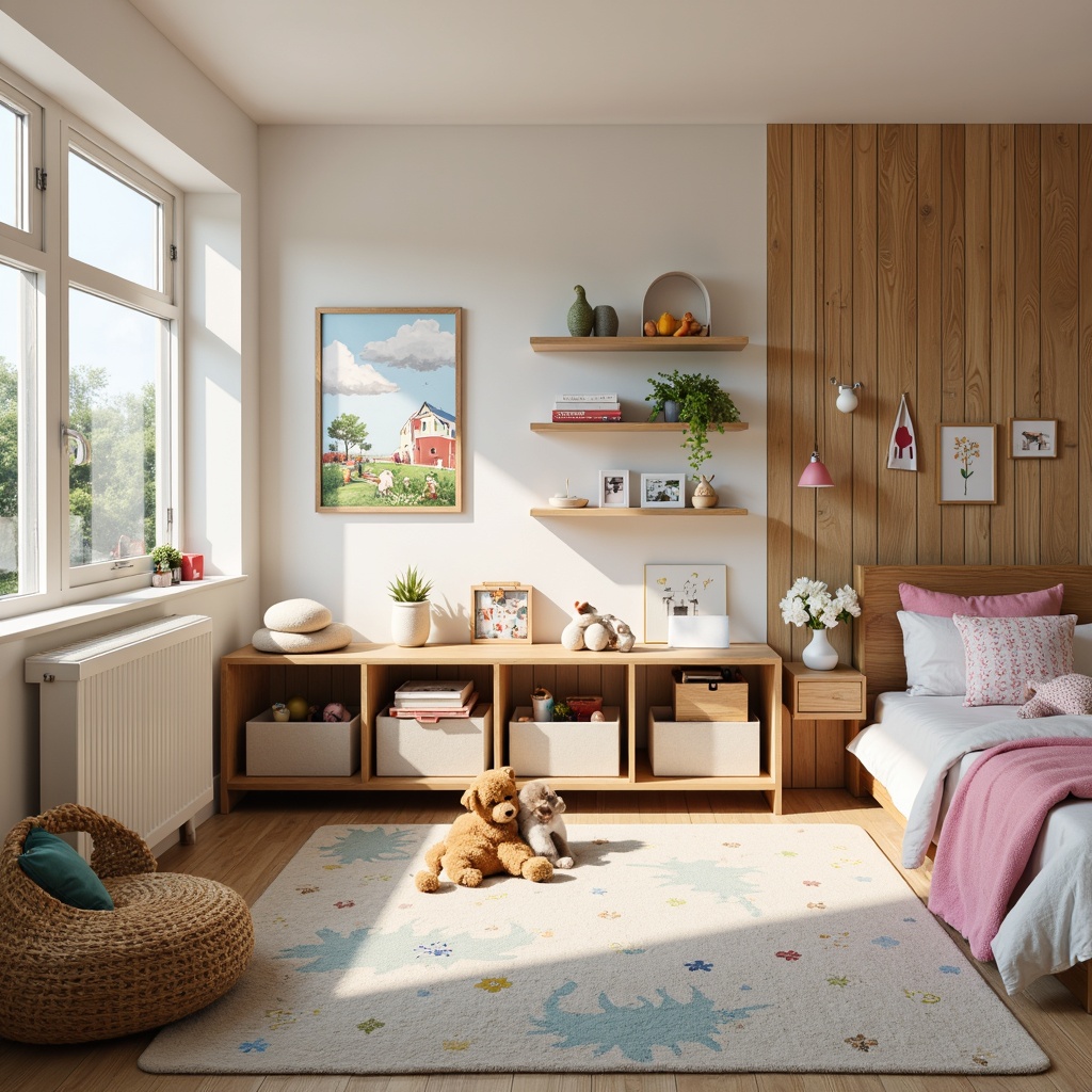 Prompt: Vibrant kids' bedroom, colorful toys, playful furniture, cozy reading nooks, floating shelves, storage cubbies, creative artwork, educational decorations, comfortable carpets, soft pastel colors, natural wood accents, modern minimalist design, ample natural light, warm overhead lighting, 1/1 composition, shallow depth of field, realistic textures, ambient occlusion.