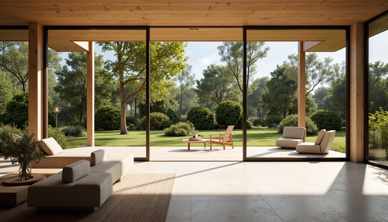 Prompt: Large windows, sliding glass doors, open floor plans, minimal ornamentation, organic and geometric shapes, natural materials, wooden accents, earthy tones, vast outdoor spaces, lush greenery, mature trees, sunny day, soft warm lighting, shallow depth of field, 3/4 composition, panoramic view, realistic textures, ambient occlusion, mid-century modern architecture, California-inspired design, minimalist decor, functional simplicity, seamless transitions, indoor-outdoor connection.