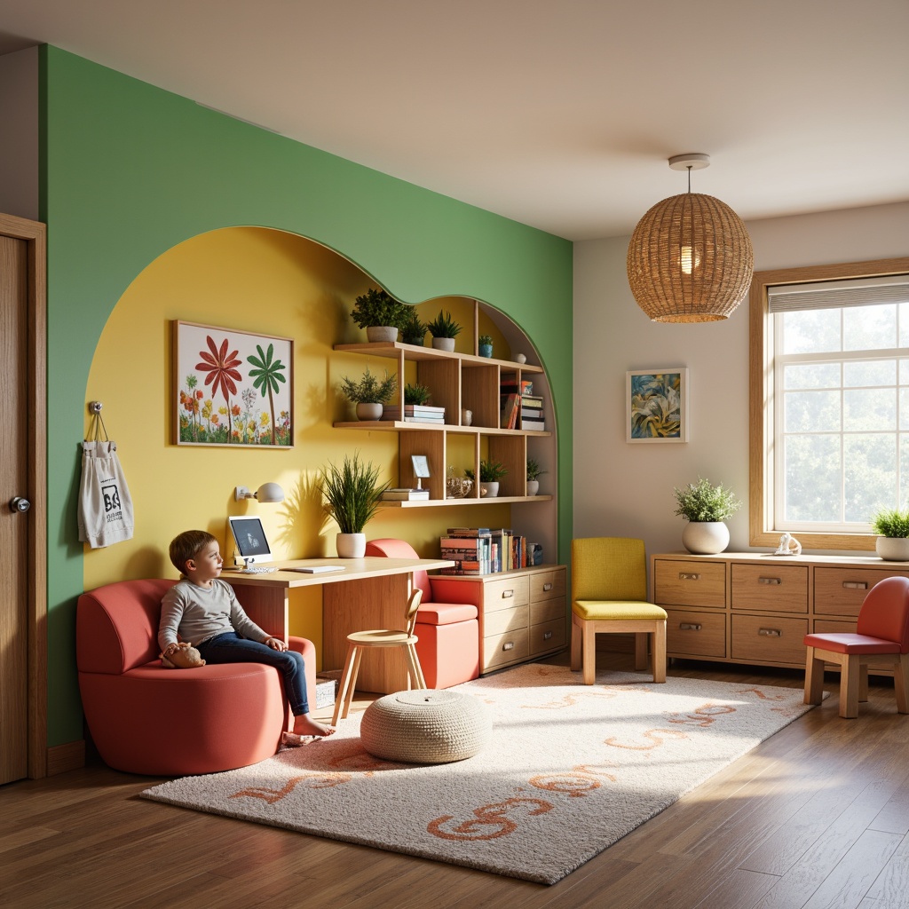 Prompt: Vibrant kids' room, playful color schemes, whimsical furniture designs, cozy reading nooks, built-in storage shelves, interactive learning zones, soft area rugs, minimalist desks, ergonomic chairs, stimulating wall art, natural wood accents, modern lighting fixtures, calm atmosphere, 1/1 composition, shallow depth of field, realistic textures, warm softbox lighting.