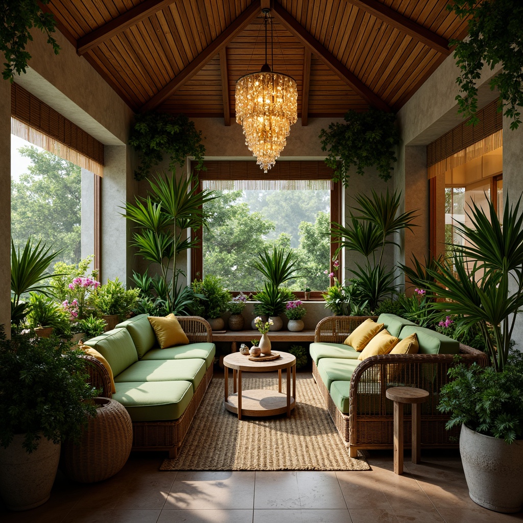 Prompt: Lush tropical foliage, exotic palm trees, vibrant floral arrangements, warm wooden accents, natural stone flooring, elegant chandeliers, comfortable rattan furniture, plush green cushions, soft diffused lighting, shallow depth of field, 1/2 composition, intimate atmosphere, cozy nooks, earthy color palette, organic textures, ambient occlusion.