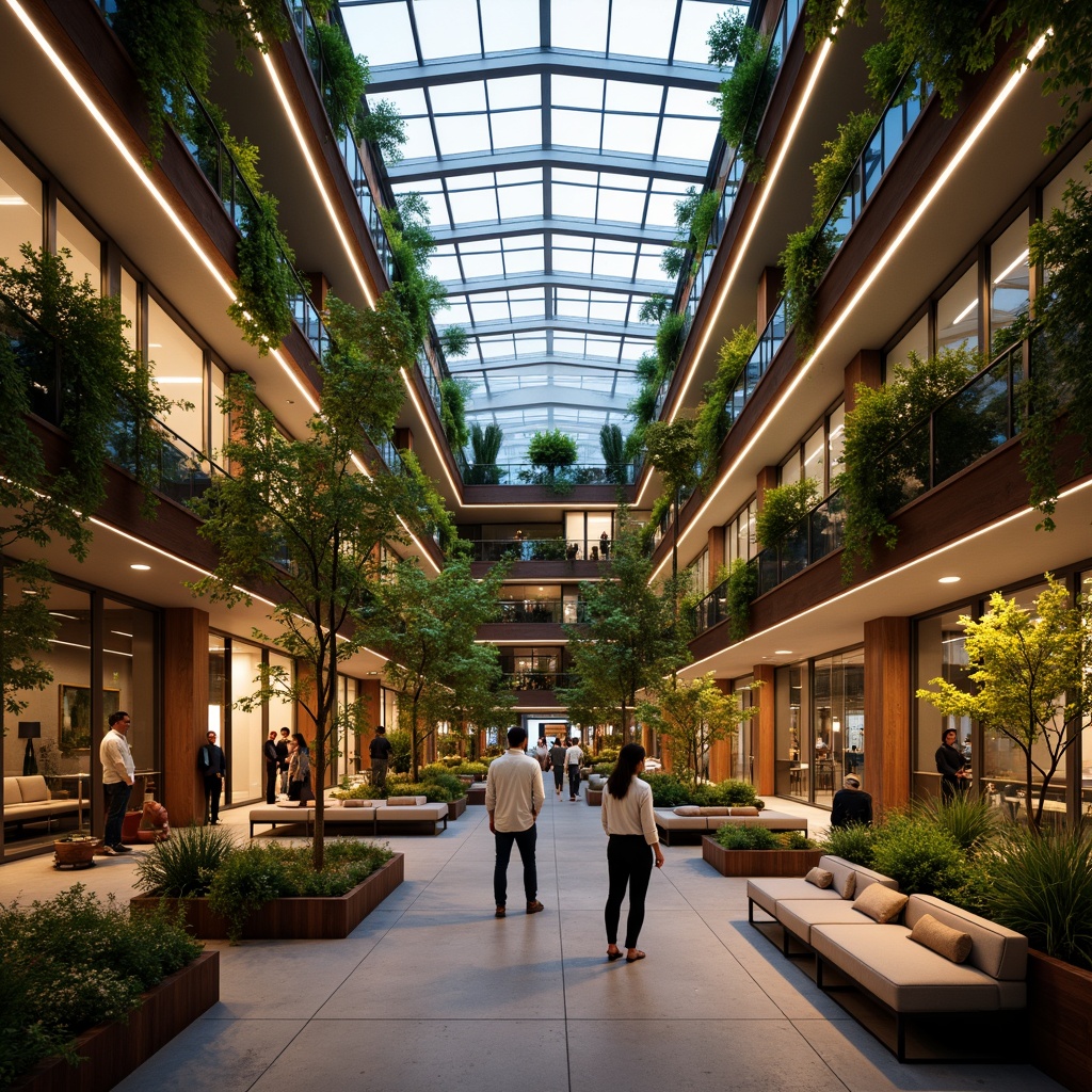 Prompt: Warm ambiance, softbox lighting, LED strip lights, minimalist fixtures, polished metal accents, glass roof, clerestory windows, natural ventilation, open-air courtyard, lush greenery, wooden benches, comfortable seating areas, subtle color palette, calming atmosphere, warm white light, 1/1 composition, shallow depth of field, soft focus, realistic materials.