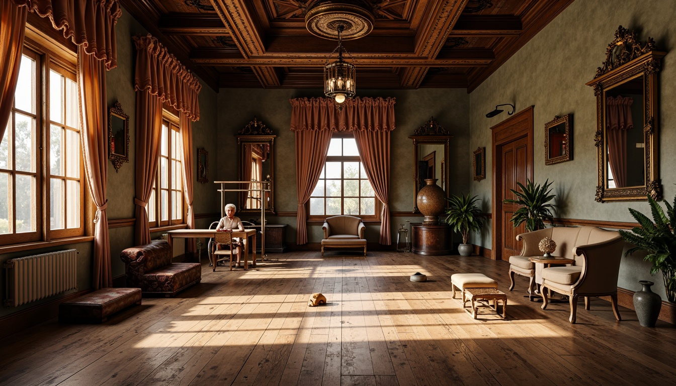 Prompt: Rustic wooden flooring, distressed oak planks, rich walnut tones, vintage gym equipment, antique mirrors, ornate metalwork, intricate moldings, grand chandeliers, lavish drapery, opulent fabrics, warm golden lighting, shallow depth of field, 3/4 composition, realistic textures, ambient occlusion.