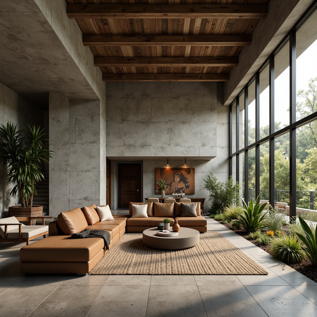 Prompt: Exquisite brutalist family room, rugged concrete walls, industrial metal beams, reclaimed wood accents, earthy tone color palette, muted brown sofas, natural fiber rugs, minimalist decor, abundant greenery, floor-to-ceiling windows, warm ambient lighting, shallow depth of field, 3/4 composition, realistic textures, ambient occlusion.