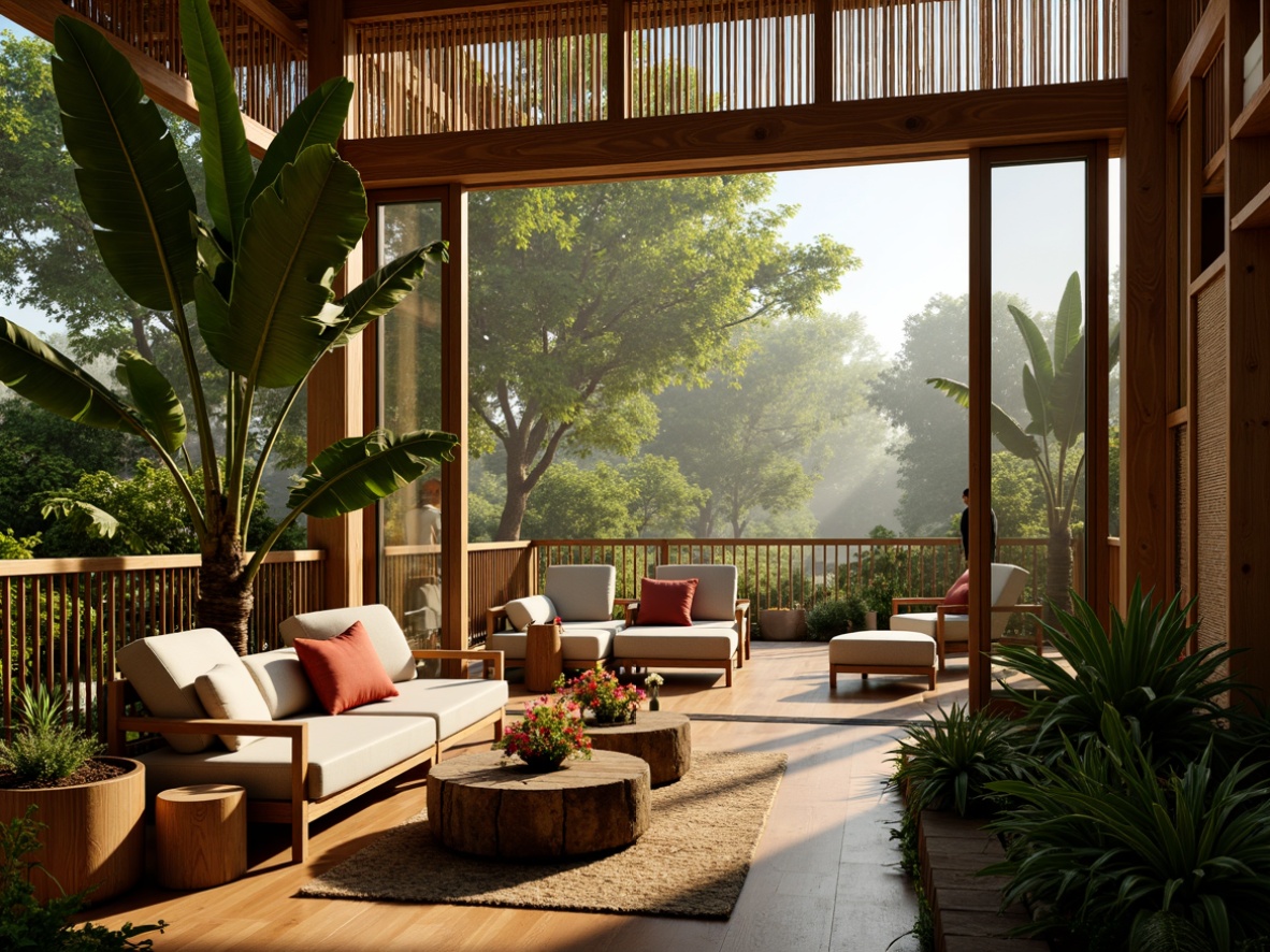 Prompt: Lush tropical foliage, exotic palm trees, vibrant floral arrangements, natural wood accents, rattan furniture, colorful tiki torches, woven bamboo walls, large glass windows, sliding doors, open-air ceiling, warm golden lighting, shallow depth of field, 1/2 composition, realistic textures, ambient occlusion, misty atmosphere, subtle humidity, refreshing breeze.