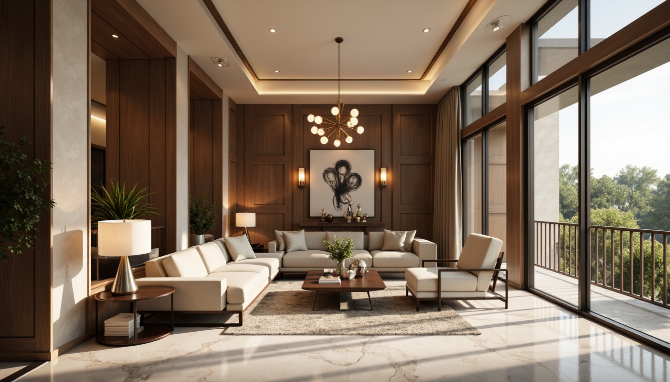 Prompt: Elegant modern living room, luxurious furniture, marble flooring, high ceilings, floor-to-ceiling windows, natural daylight, soft warm glow, table lamps, pendant lights, sputnik chandeliers, metallic finishes, chrome accents, frosted glass shades, minimalist design, sleek lines, ambient lighting, task lighting, accent lighting, LED strips, recessed lighting, indirect illumination, warm beige tones, rich wood textures, velvet upholstery, sophisticated atmosphere, dramatic shadows, 3/4 composition, shallow depth of field, soft focus.