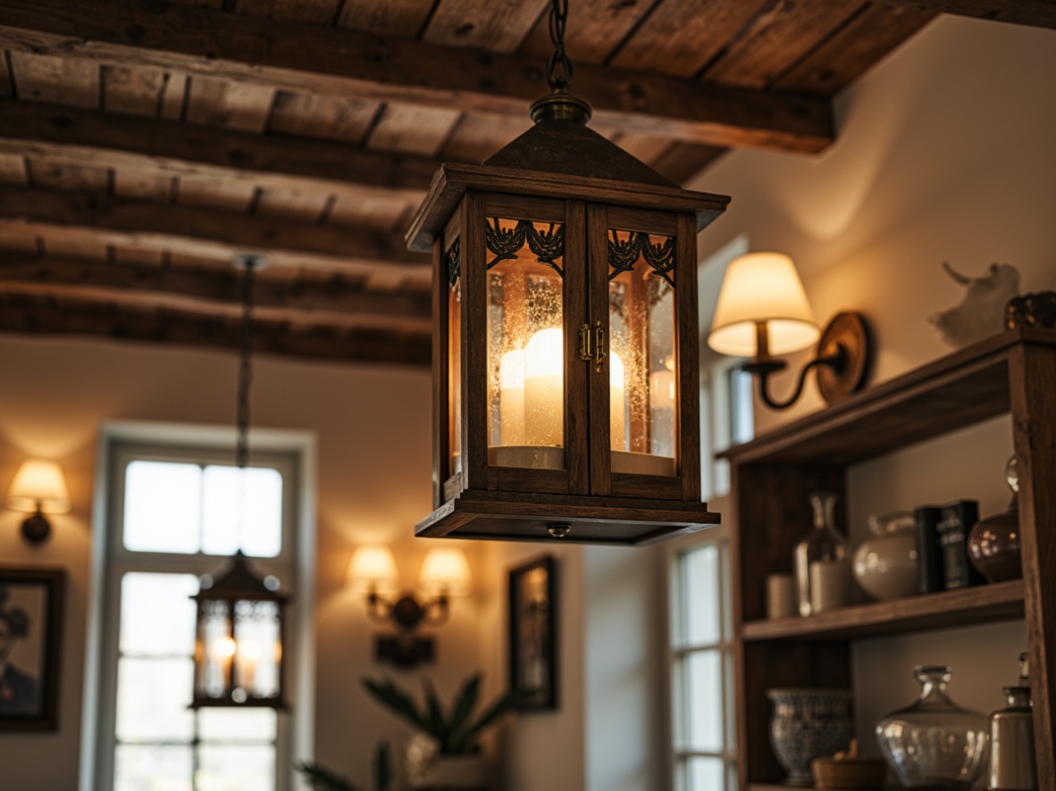 Prompt: Distressed wooden chandeliers, vintage metal lanterns, soft warm candlelight, antique bronze sconces, rustic pendant lights, frosted glass shades, ornate metal filigree, creamy white porcelain fixtures, natural linen shades, distressed wooden beams, cozy cottage atmosphere, warm neutral color palette, soft focus, shallow depth of field, 1/1 composition, realistic textures, ambient occlusion.