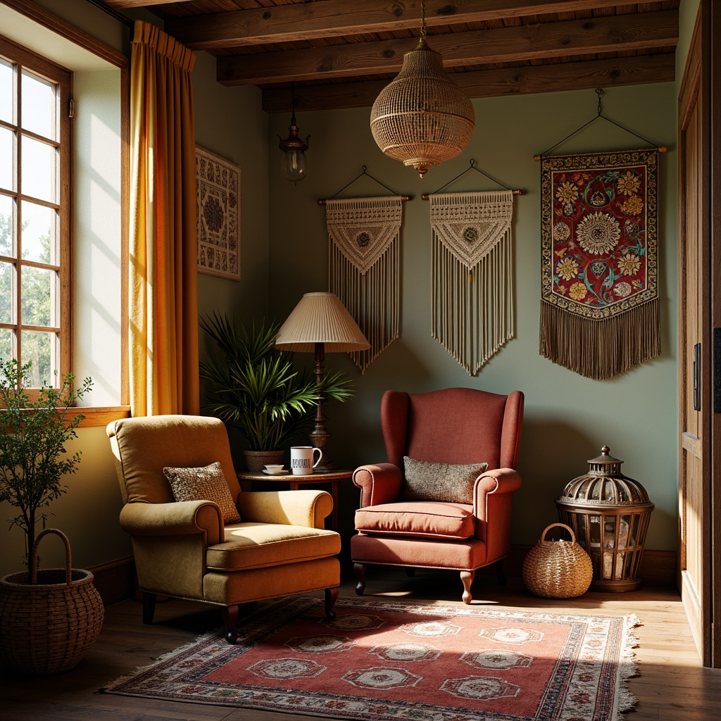 Prompt: Vintage armchair, plush velvet upholstery, distressed wood accents, eclectic patterned rugs, woven baskets, macrame wall hangings, natural fiber drapes, bohemian-inspired tapestries, richly colored Moroccan tiles, ornate metal lanterns, warm golden lighting, shallow depth of field, 1/1 composition, soft focus, realistic textures, ambient occlusion.