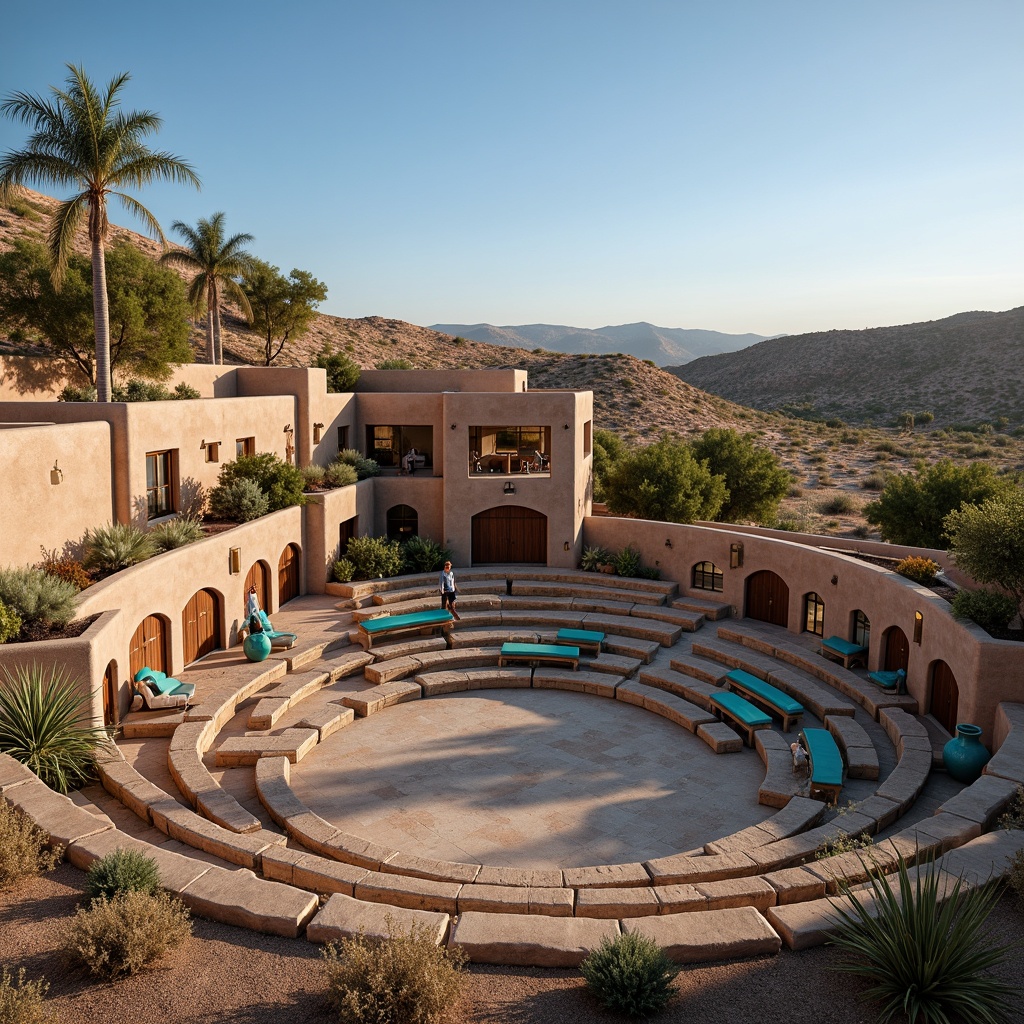 Prompt: Southwestern amphitheater, rustic stone seating, curved rows, desert landscape, sandy dunes, cactus plants, hot sunny day, clear blue sky, vast open space, natural materials, earthy tones, warm wooden accents, woven textiles, geometric patterns, intricate tile work, ceramic pottery, vibrant turquoise hues, ambient lighting, soft shadows, dramatic evening sky, 3/4 composition, panoramic view, realistic textures, ambient occlusion.