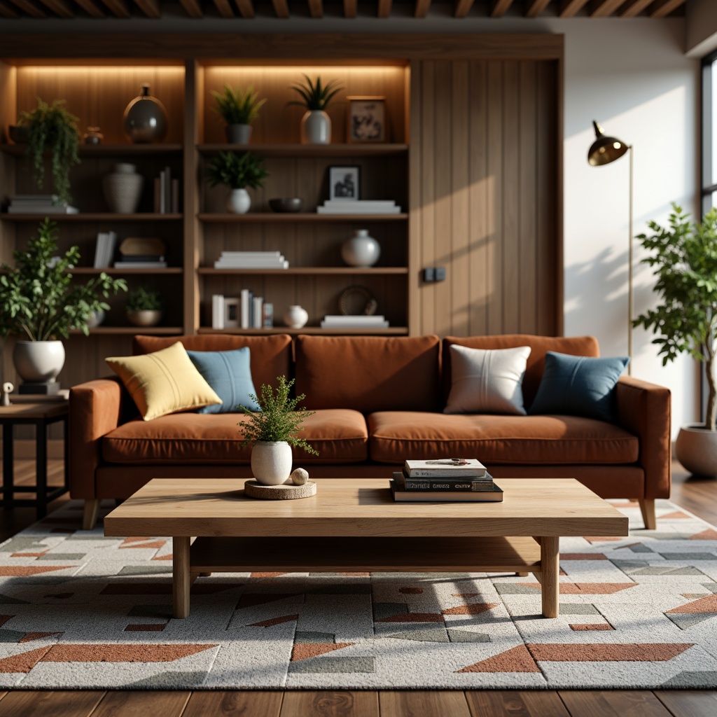 Prompt: Mid-century modern living room, sleek wooden coffee table, plush velvet sofa, geometric patterned rug, minimalist floor lamp, industrial metal shelving unit, reclaimed wood accent wall, soft warm lighting, 1/2 composition, shallow depth of field, realistic textures, ambient occlusion.