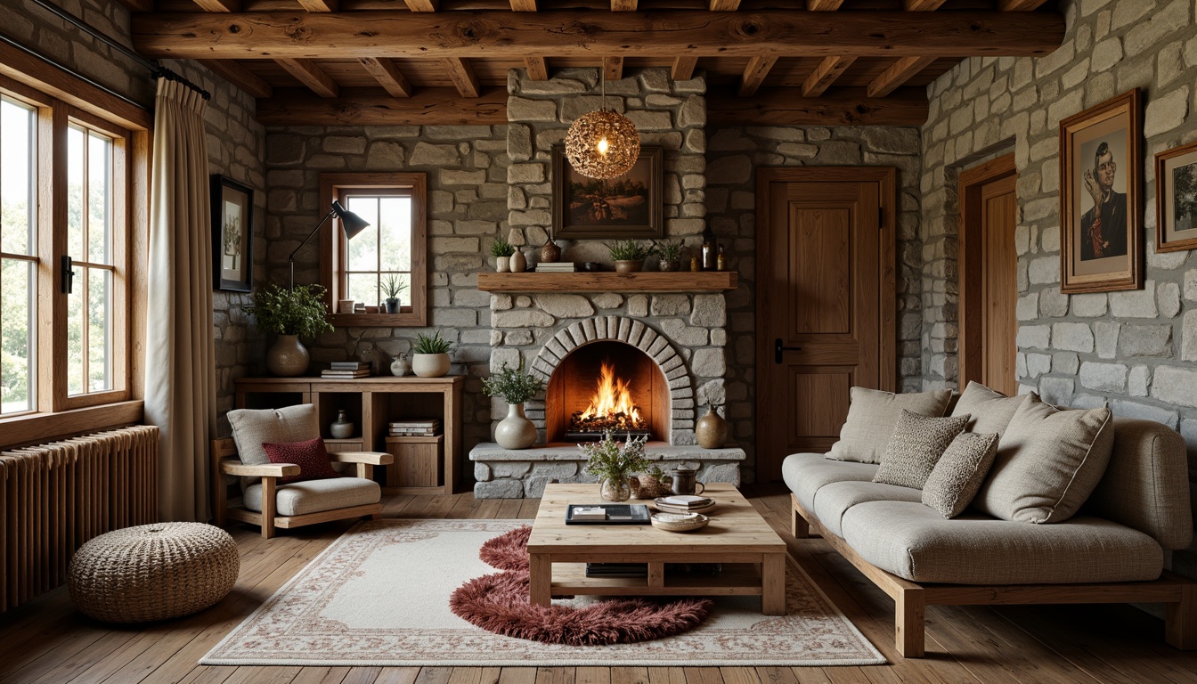 Prompt: Rustic cabin, natural stone walls, earthy tones, wooden accents, vintage decorations, cozy fireplace, plush furnishings, woven textiles, distressed wood flooring, warm soft lighting, shallow depth of field, 1/2 composition, inviting atmosphere, realistic wood grain, ambient occlusion.