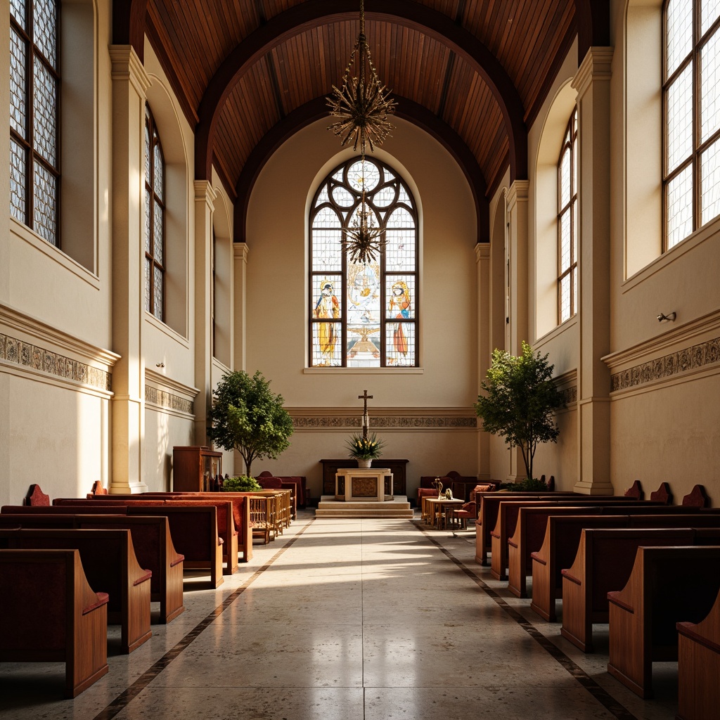 Prompt: Elegant church interior, wooden pews, stained glass windows, ornate chandeliers, velvet upholstered chairs, polished stone floors, subtle lighting, warm beige tones, classic architectural details, symmetrical layout, harmonious proportions, comfortable seating areas, acoustic considerations, reverberation reduction, sound-absorbing materials, minimalist decor, spiritual ambiance, peaceful atmosphere, natural light filtration, soft color palette, 1/2 composition, shallow depth of field, realistic textures.