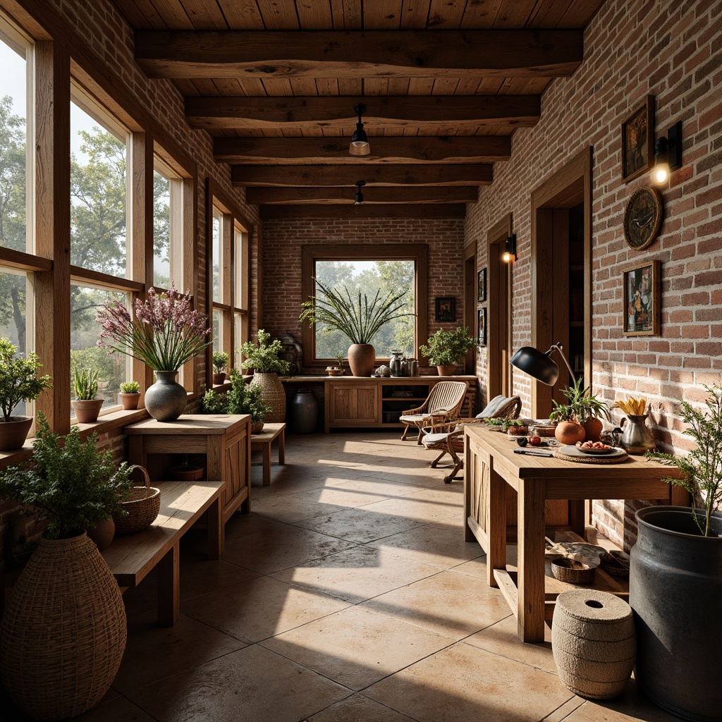 Prompt: Rustic wooden accents, earthy color palette, natural textiles, hand-woven baskets, artisanal pottery, distressed metal decorations, reclaimed wood furniture, vintage industrial machinery, exposed brick walls, cozy intimate spaces, soft warm lighting, shallow depth of field, 3/4 composition, realistic textures, ambient occlusion.