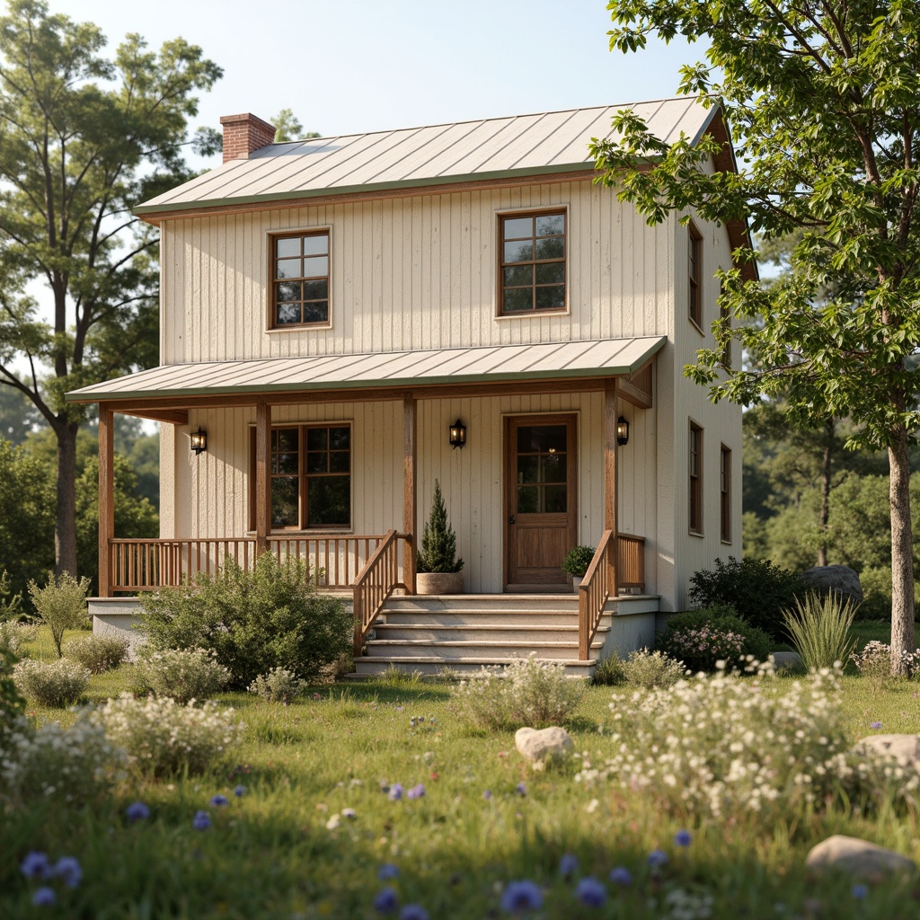 Prompt: Rustic farmhouse, vintage decor, earthy tones, warm beige walls, distressed wood accents, soft sage greenery, creamy whites, weathered metal roofs, natural stone foundations, lush wildflowers, sunny countryside, gentle warm lighting, shallow depth of field, 1/1 composition, realistic textures, ambient occlusion.