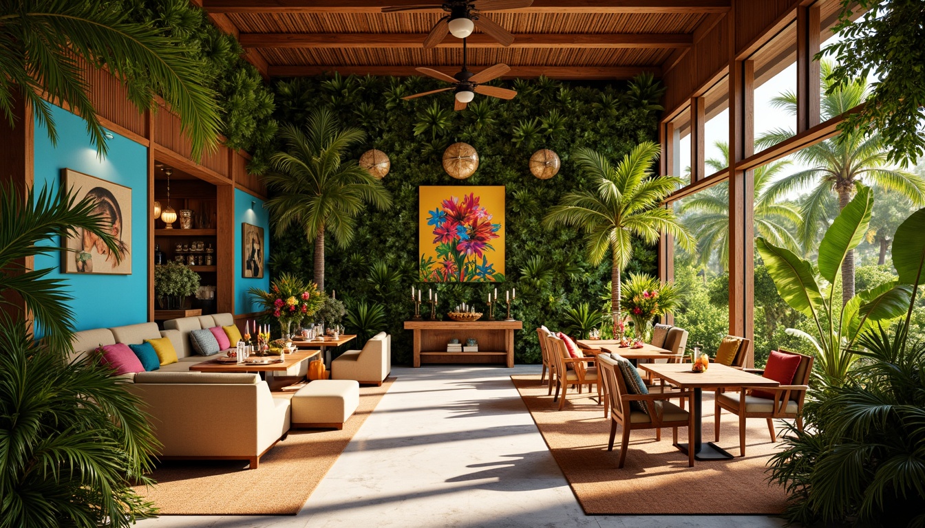 Prompt: Vibrant tropical dining hall, lush greenery walls, exotic floral arrangements, warm wood accents, colorful tiki torches, natural fiber textiles, woven rattan furniture, bamboo ceiling fans, ocean-inspired blue hues, sunny yellow accents, coral pink undertones, soft golden lighting, shallow depth of field, 1/1 composition, realistic textures, ambient occlusion.