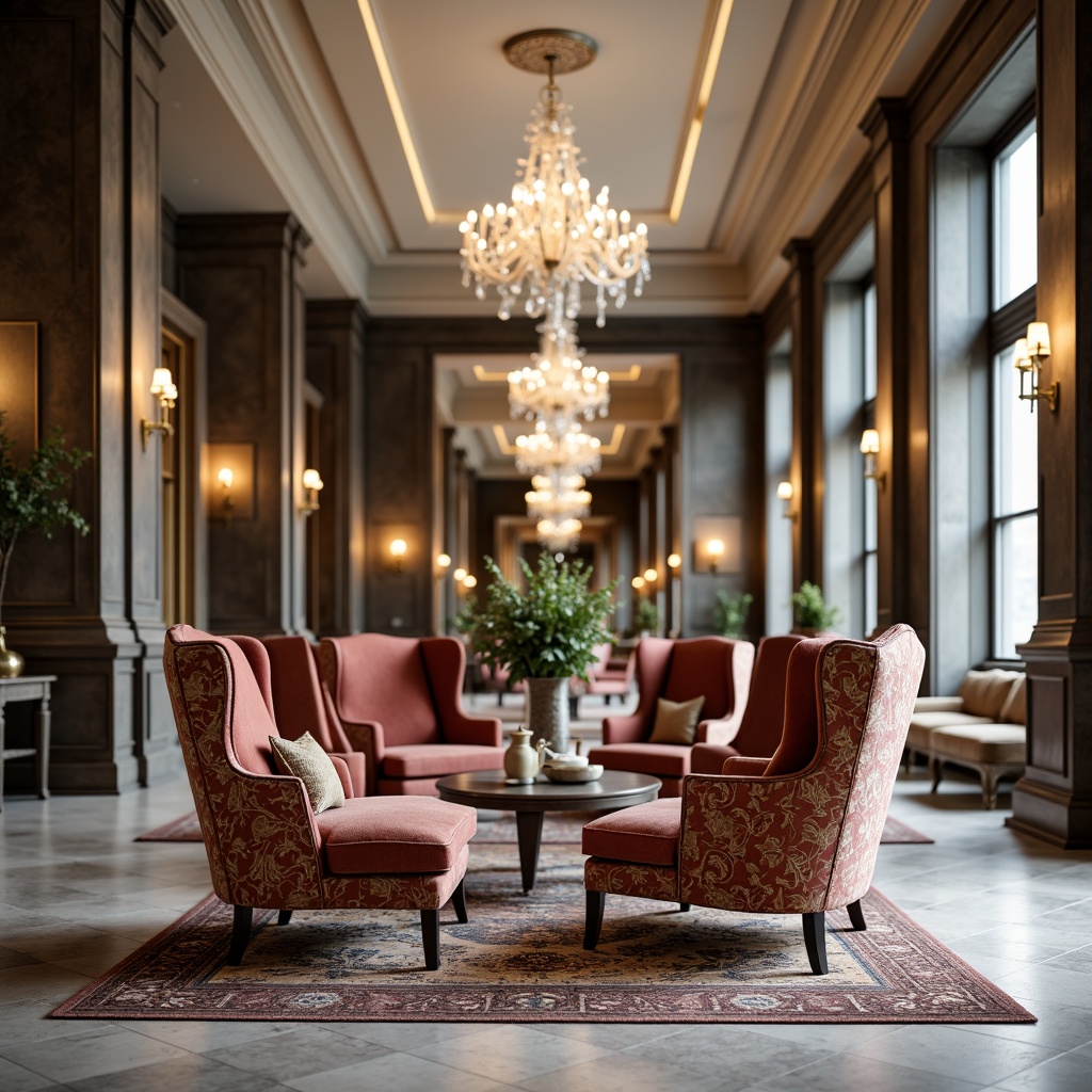 Prompt: Elegant armchairs, velvet upholstery, intricately carved wooden legs, ornate mirrors, luxurious crystal chandeliers, richly patterned rugs, polished marble floors, tall columns, symmetrical compositions, neutral color palette, subtle gold accents, refined silhouettes, stately proportions, opulent drapery, lavish furnishings, sophisticated ambiance, soft warm lighting, shallow depth of field, 1/1 composition, realistic textures.