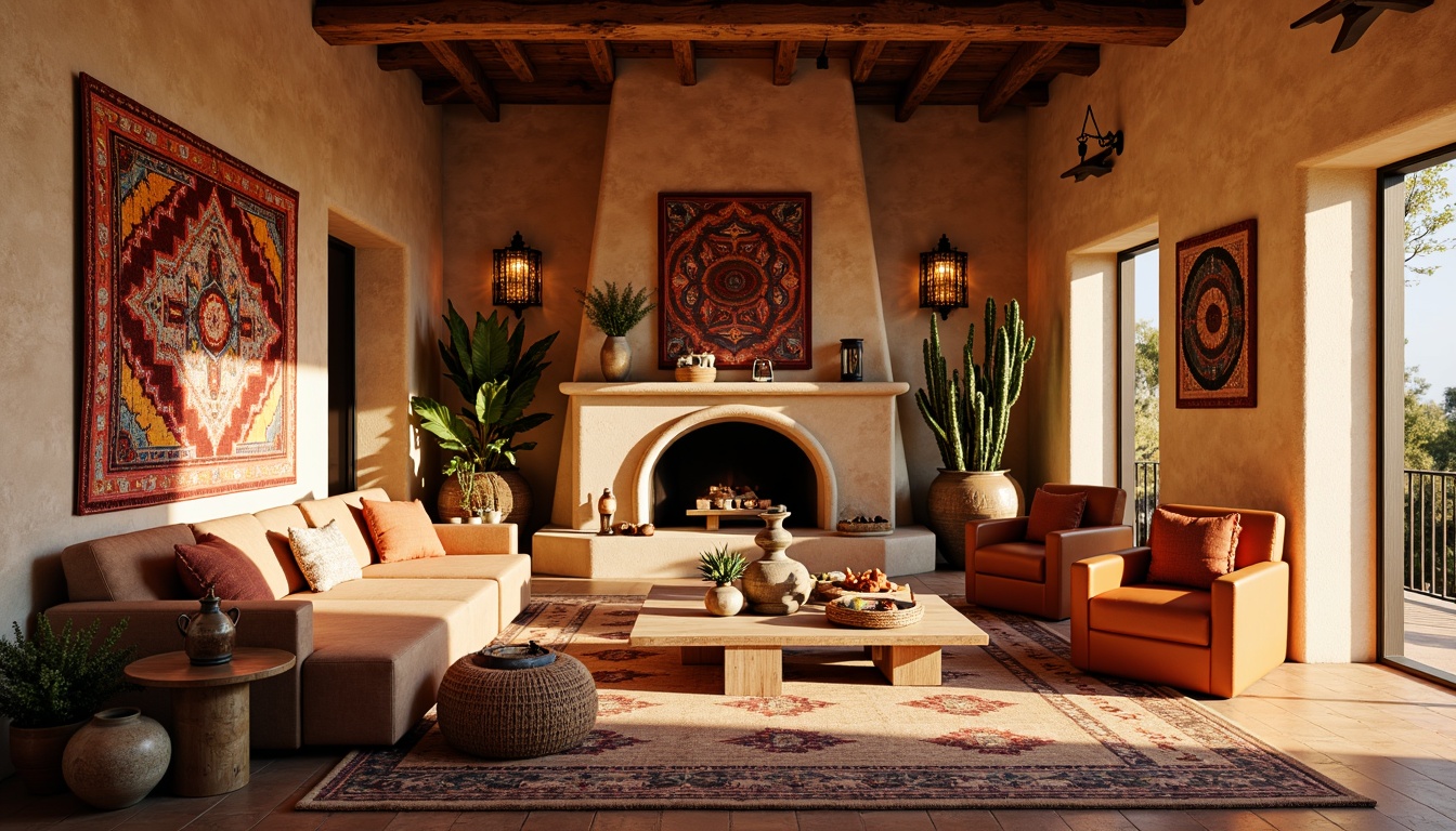 Prompt: Vibrant southwestern living room, rustic wooden furniture, woven textiles, colorful tapestries, geometric patterned rugs, adobe-inspired architecture, earthy tone walls, natural stone fireplaces, ornate metal lanterns, terracotta pottery, cactus plants, warm golden lighting, shallow depth of field, 1/1 composition, realistic textures, ambient occlusion.