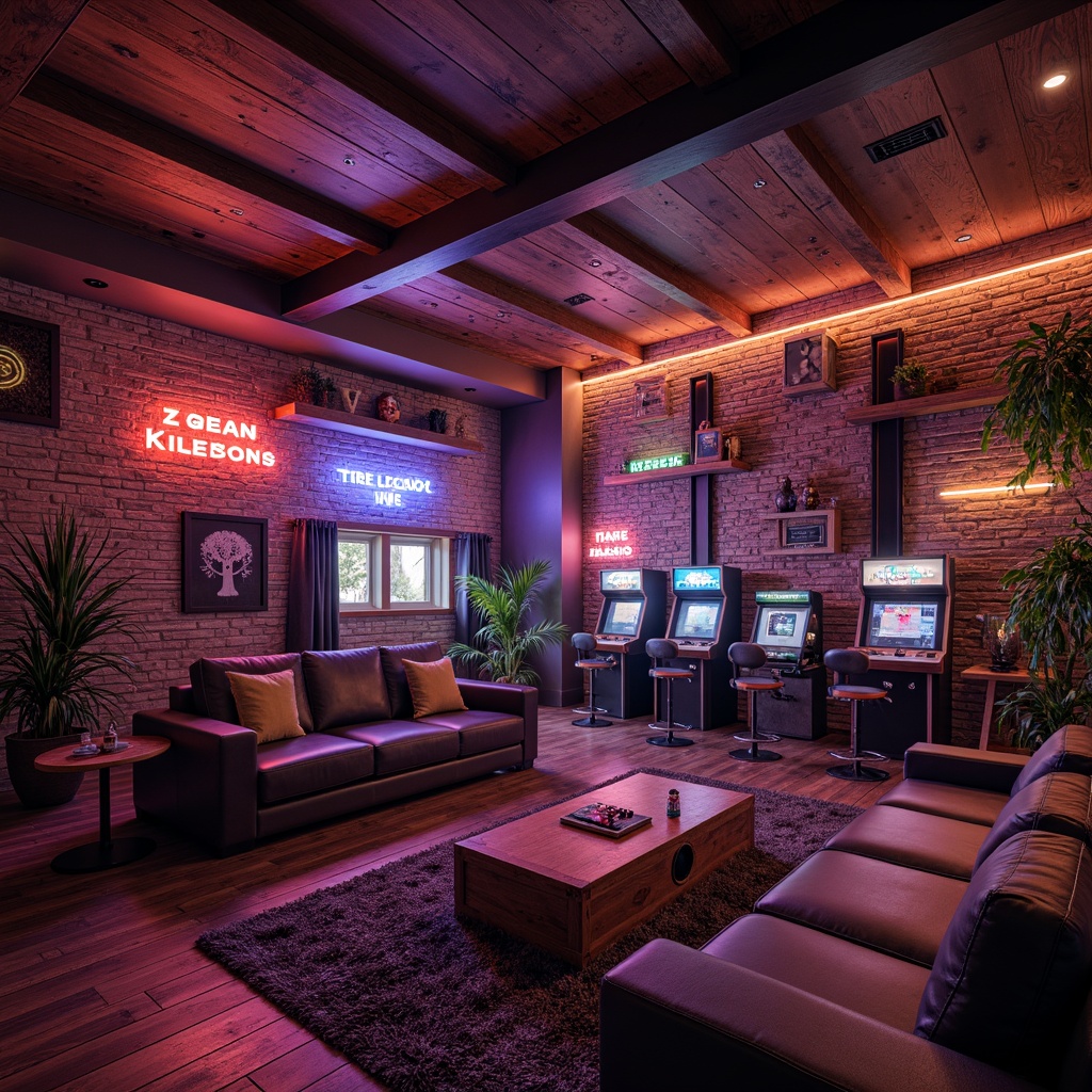 Prompt: Cozy game room, rich wood paneling, vibrant neon lights, comfortable couches, rustic stone walls, vintage arcade machines, colorful graffiti, plush carpets, modern gaming stations, sleek metal shelves, futuristic LED lighting, atmospheric fog effects, dynamic shadow mapping, 1/1 composition, cinematic camera angles, realistic normal maps, ambient occlusion.