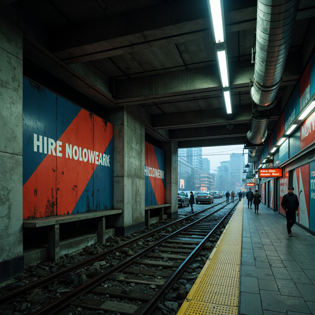 Prompt: Gritty metro station, brutalist architecture, raw concrete walls, exposed ductwork, industrial steel beams, neon signs, dimly lit corridors, urban cityscape, busy streets, asphalt roads, pedestrian traffic, rush hour chaos, bold typography, geometric patterns, primary color accents, bold reds, deep blues, muted greens, distressed textures, rough stone floors, metal grates, urban decay, atmospheric fog, cinematic lighting, dramatic shadows, 3/4 composition, low-angle shot.