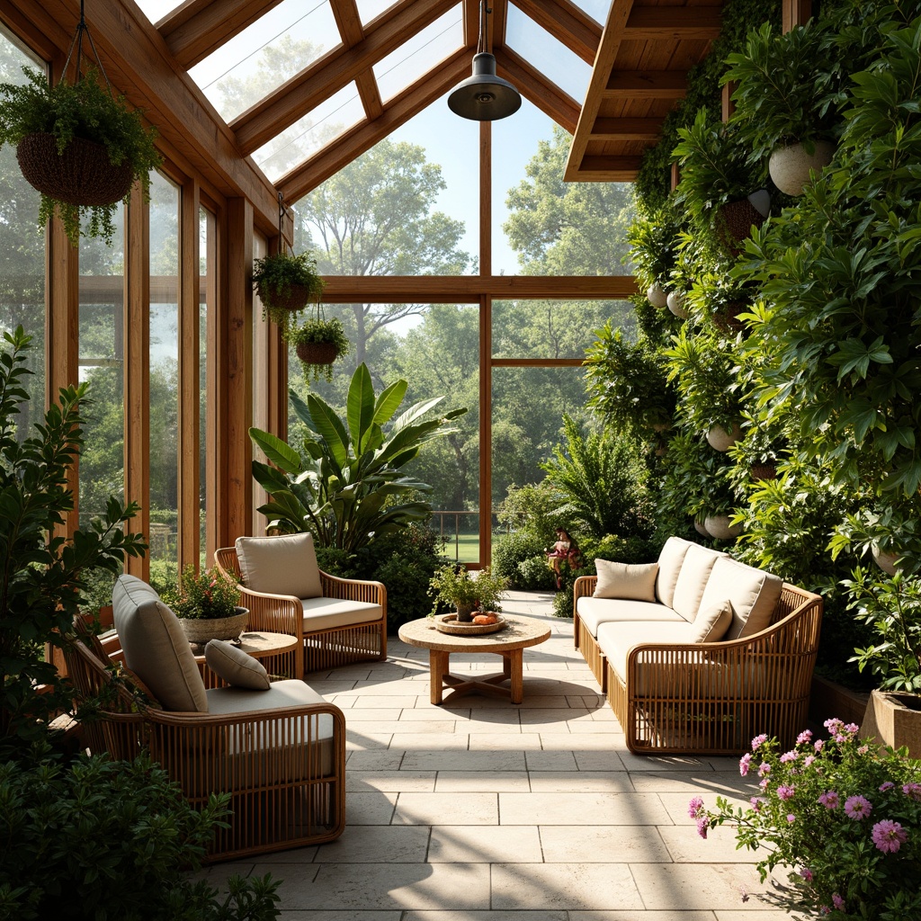 Prompt: Vibrant sunroom, lush greenery, tropical plants, natural stone flooring, wooden accents, large windows, sliding glass doors, warm sunny light, soft diffused shadows, cozy seating areas, woven rattan furniture, earthy color palette, living walls, verdant foliage, hanging planters, delicate flowers, organic textures, 3/4 composition, intimate atmosphere, ambient lighting.