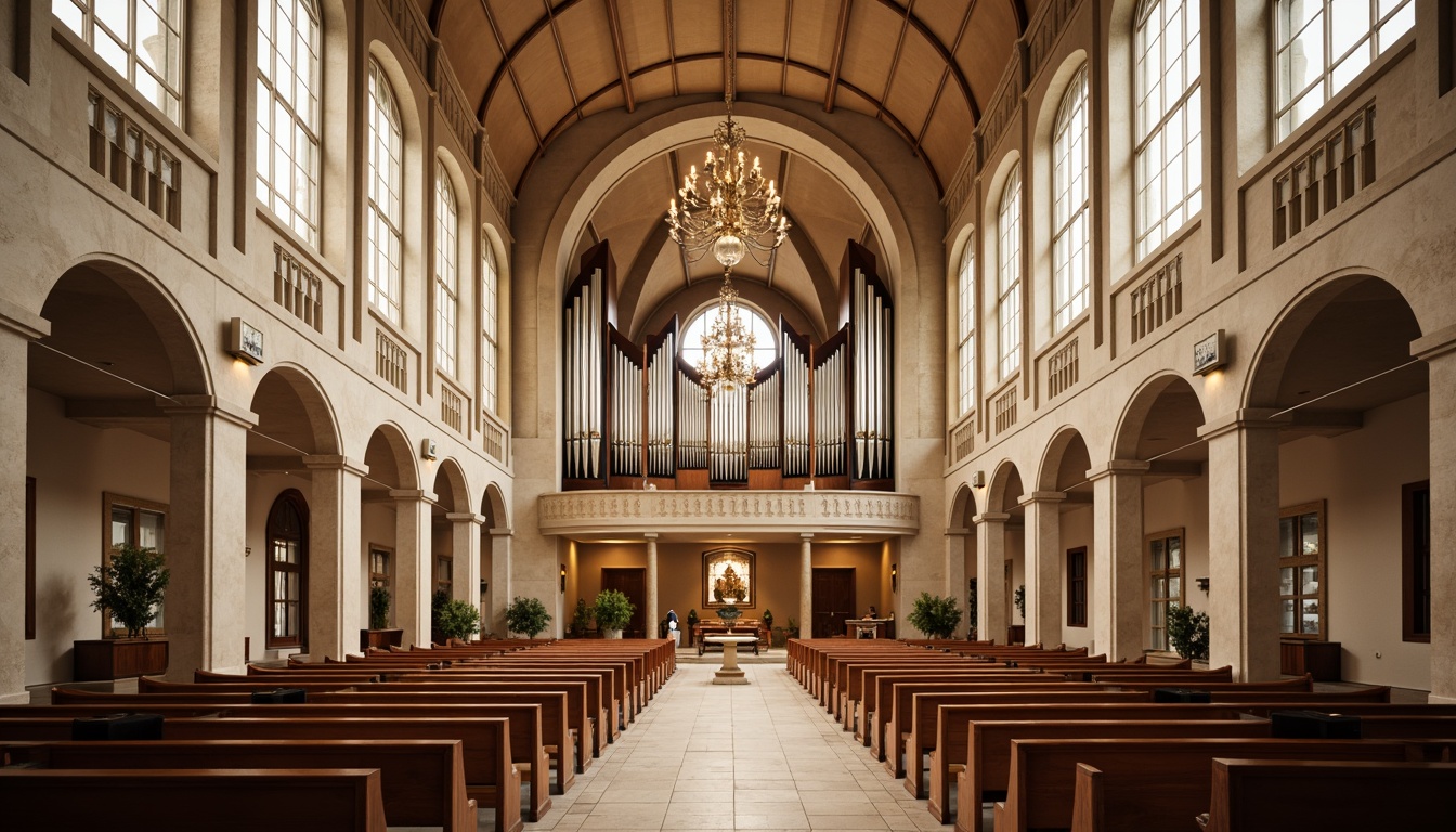 Prompt: Elegant church interior, high ceilings, ornate chandeliers, wooden pews, stained glass windows, reverberant spaces, sound-absorbing panels, acoustic diffusers, strategically placed speakers, subtle LED lighting, warm beige tones, intricate stone carvings, vaulted arches, grand organ pipes, serene atmosphere, soft natural light, 1/1 composition, intimate focal point, realistic textures, ambient occlusion.