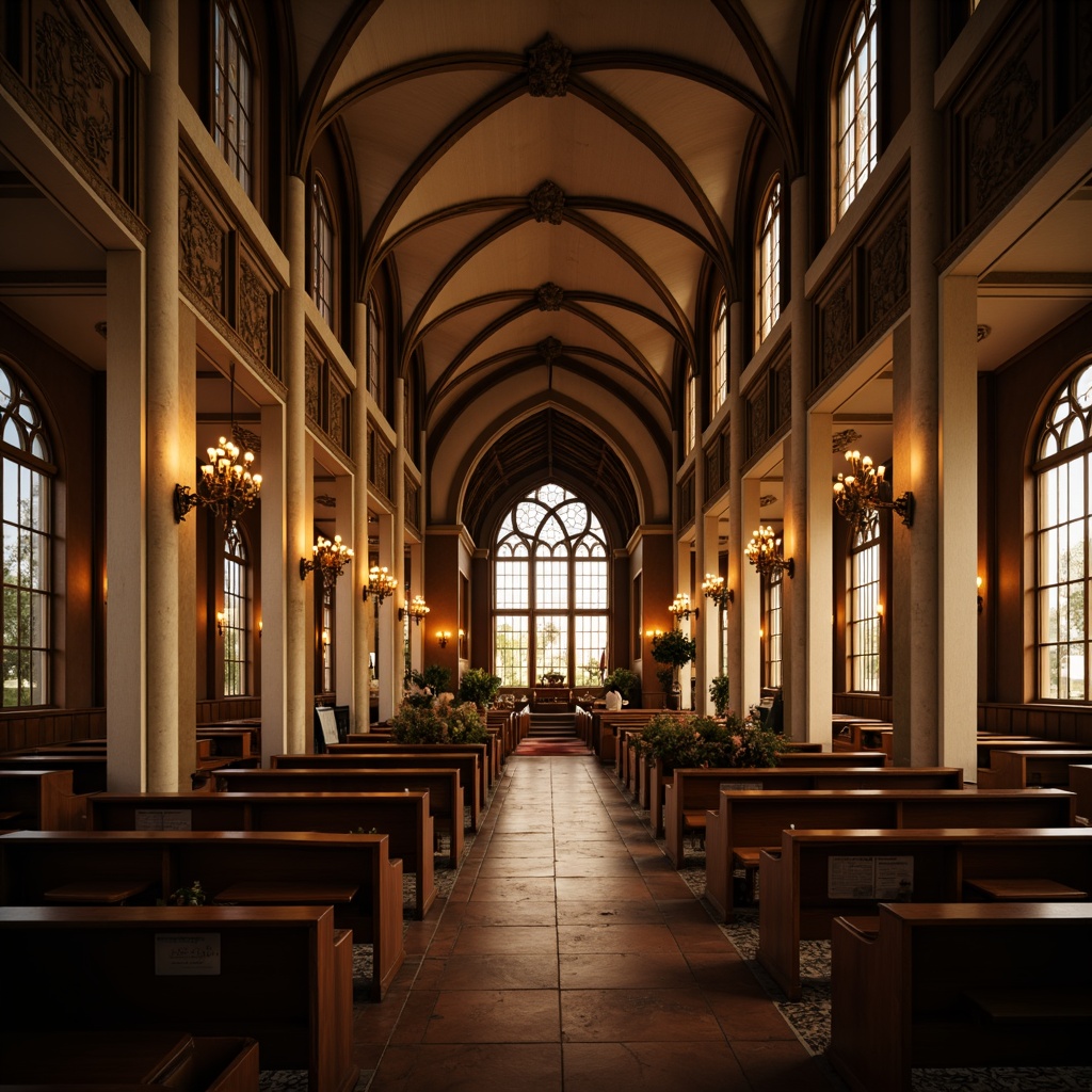 Prompt: Elegant church interior, vaulted ceilings, stained glass windows, wooden pews, ornate chandeliers, intricate stone carvings, reverberant ambiance, subtle echo reduction, strategic sound absorption, acoustic paneling, diffusion techniques, reflective surfaces, warm golden lighting, soft focus, shallow depth of field, 1/2 composition, intimate atmosphere, realistic textures, ambient occlusion.