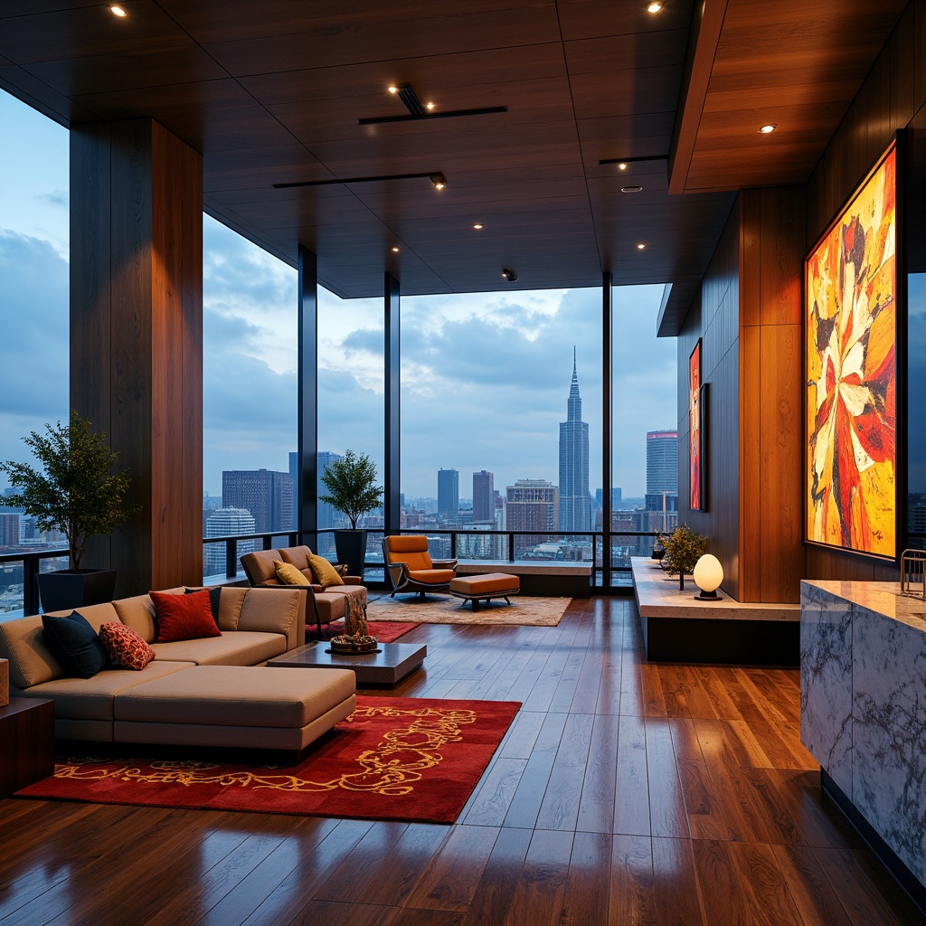 Prompt: Luxurious penthouse, sleek modern architecture, floor-to-ceiling windows, panoramic city views, lavish interior design, rich wood flooring, metallic accents, bold color schemes, abstract artwork, geometric patterns, plush furnishings, velvet textures, marble countertops, crystal chandeliers, ambient lighting, shallow depth of field, 1/1 composition, dramatic shadows, high-contrast ratio, cinematic atmosphere.