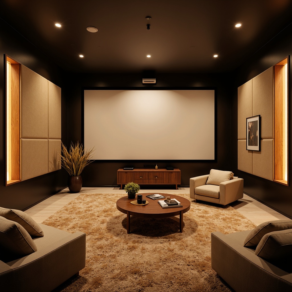 Prompt: Cozy home theater, sound-absorbing panels, soft fabric upholstery, warm beige walls, dark wood accents, plush area rug, comfortable seating, ambient indirect lighting, relaxing atmosphere, high-fidelity speakers, subtle LED lights, calming color palette, textured acoustic foam, professional audio equipment, immersive cinematic experience, cinematic wide-screen display, realistic surround sound, 1/1 composition, soft focus blur, warm golden hour lighting.