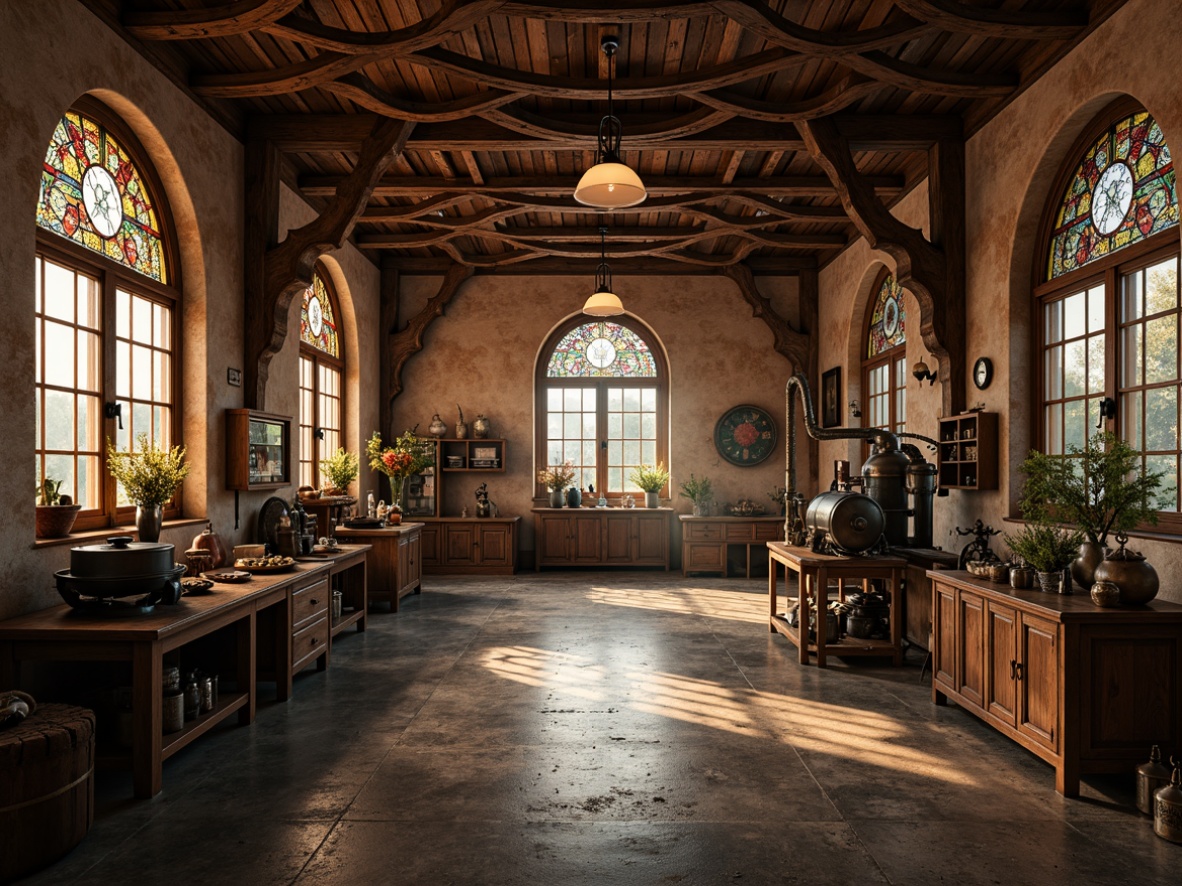 Prompt: Rustic workshop interior, textured walls, ornate metalwork, flowing organic lines, sinuous curves, stained glass windows, warm earthy tones, rich wood accents, intricate carvings, vintage machinery, distressed finishes, industrial lighting fixtures, soft warm glow, shallow depth of field, 1/1 composition, realistic textures, ambient occlusion.