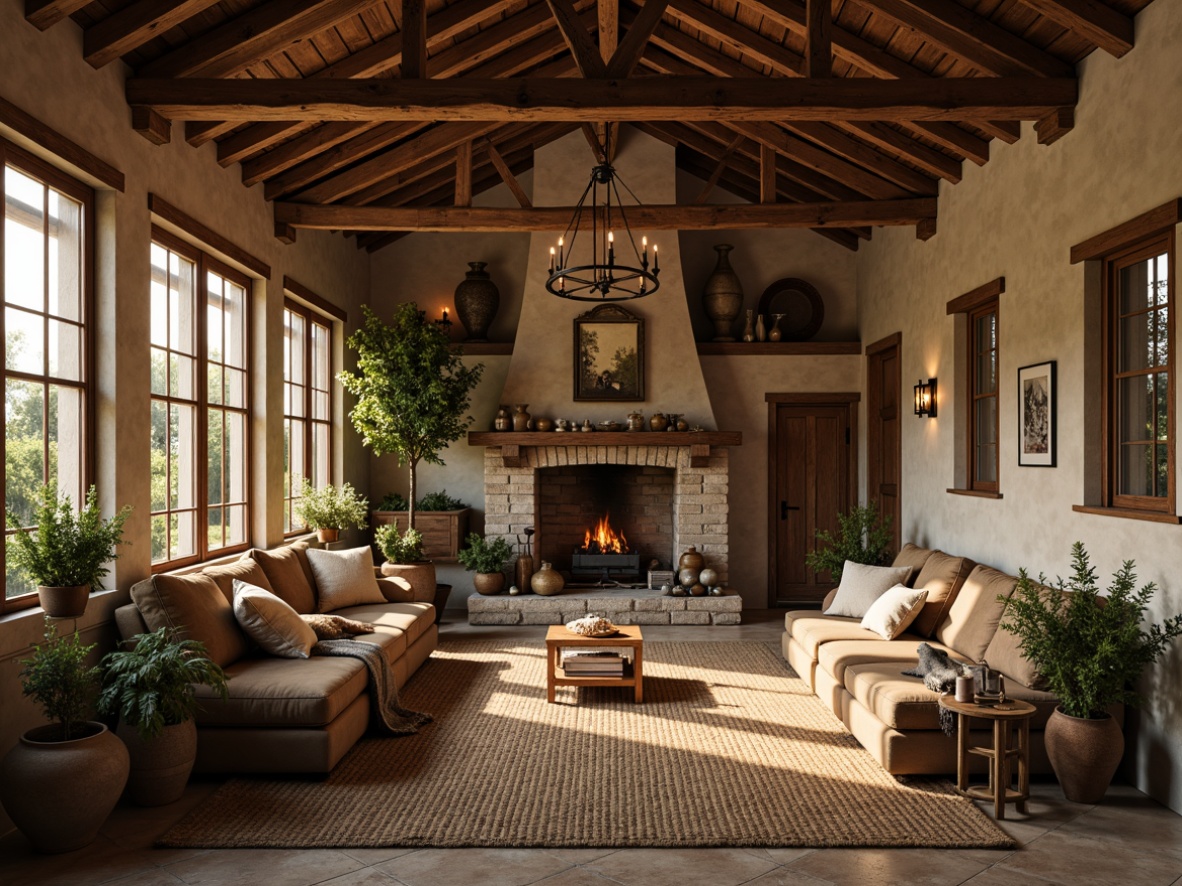 Prompt: Rustic farmhouse, vintage agricultural tools, earthy tones, warm beige walls, distressed wood accents, natural stone floors, soft candlelight, cozy throw blankets, plush velvet furnishings, rich emerald greenery, weathered metal roofing, wooden beam ceilings, exposed brick walls, warm golden lighting, 1/1 composition, intimate atmosphere, realistic textures, ambient occlusion.