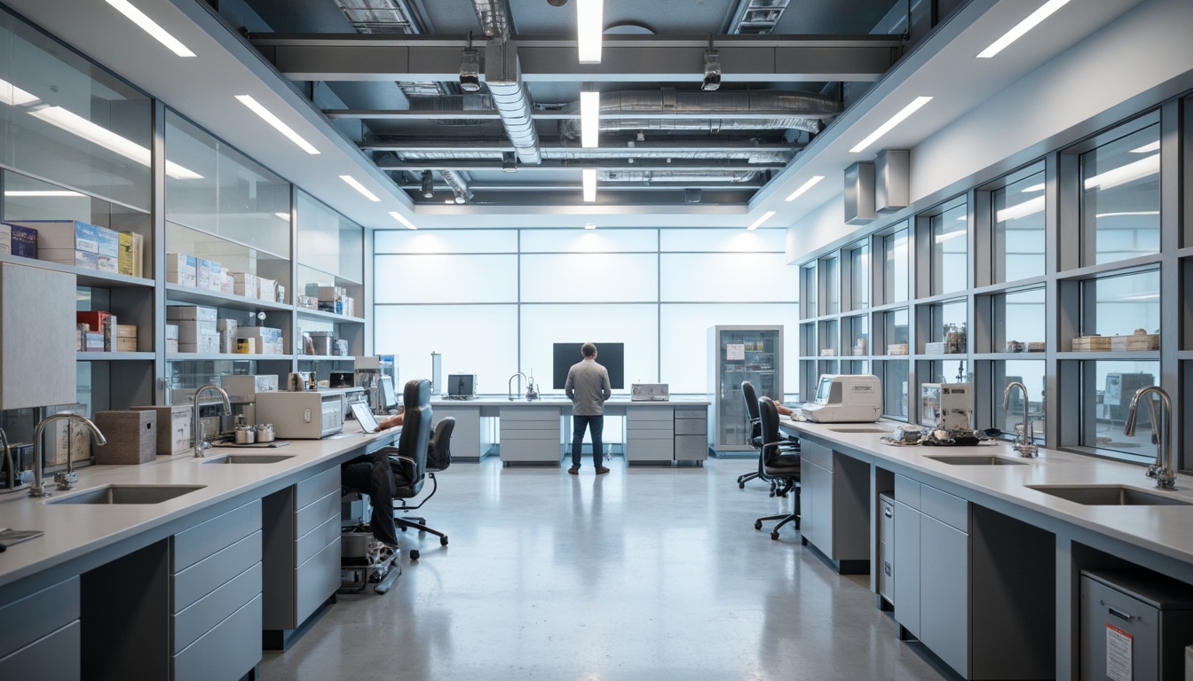 Prompt: Clean laboratory interior, minimalist aesthetic, neutral color palette, sleek metal equipment, glass surfaces, subtle ambient lighting, soft box lights, overhead LED strips, industrial chic fixtures, polished concrete floors, monochromatic tones, simplicity emphasized, clutter-free environment, futuristic ambiance, high-contrast shading, 1/1 composition, realistic reflections, soft focus blur.