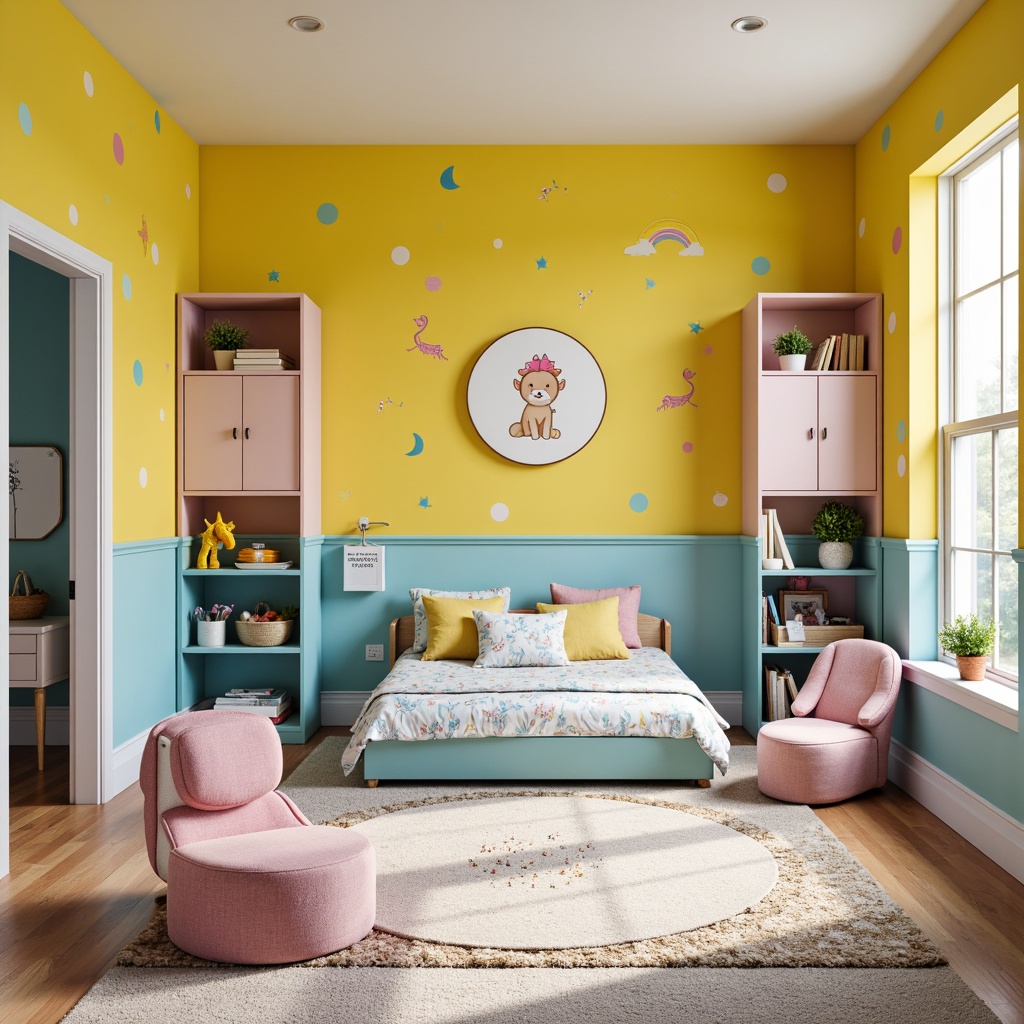 Prompt: Vibrant kids' room, playful color scheme, bright yellow walls, soft blue furniture, pastel pink accents, creamy white trim, whimsical polka dots, fun geometric patterns, lively greenery, educational wall decals, interactive storage units, cozy reading nooks, plush area rugs, warm task lighting, 1/2 composition, shallow depth of field, soft focus, inviting atmosphere.