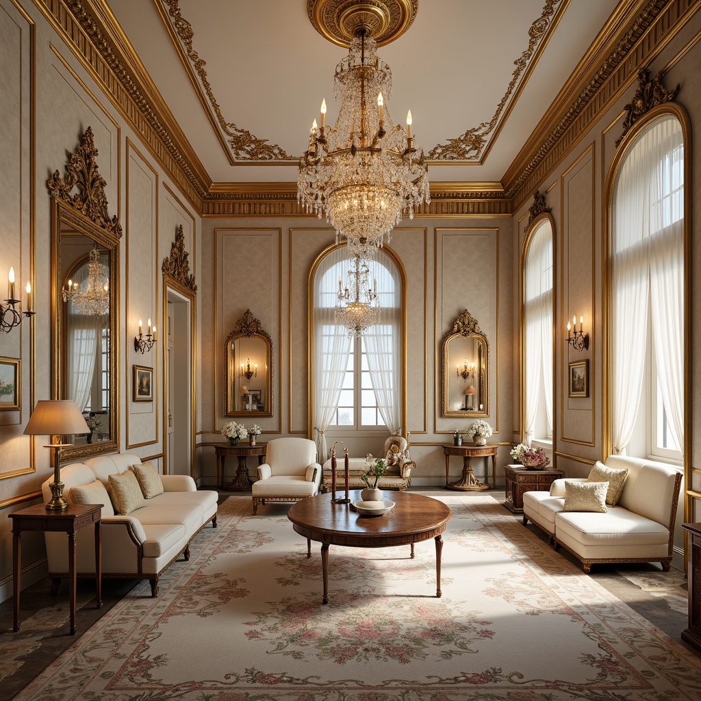 Prompt: Opulent apartment interior, Rococo style, ornate detailing, lavish furnishings, intricately carved wood paneling, gilded mirrors, crystal chandeliers, velvet upholstery, soft pastel hues, delicate florals, curved lines, scalloped edges, intricate moldings, ornate ceiling fixtures, luxurious textiles, subtle sheen, warm golden lighting, shallow depth of field, 1/1 composition, realistic textures, ambient occlusion.