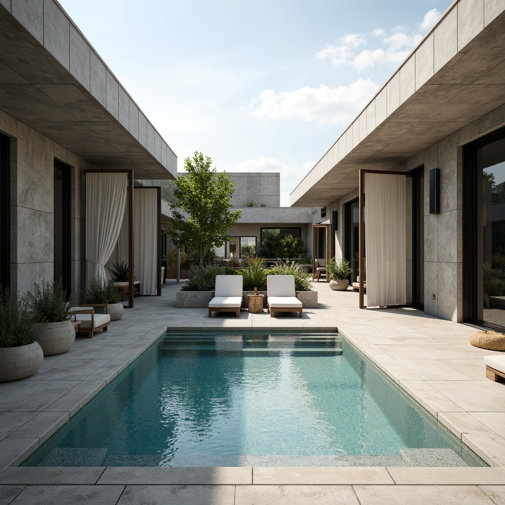 Prompt: Simple rectangular swimming pool, clean lines, minimal ornamentation, functional architecture, brutalist concrete walls, industrial steel beams, geometric floor tiles, monochromatic color scheme, natural light pouring in, large glass windows, sliding doors, outdoor lounging areas, comfortable sunbeds, potted plants, warm sunny day, soft diffused lighting, shallow depth of field, 1/1 composition, symmetrical view, realistic textures, ambient occlusion.