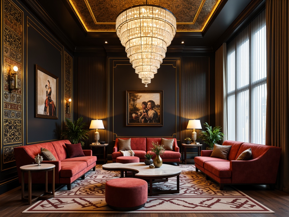 Prompt: Luxurious velvet sofas, ornate metal frames, geometric patterned rugs, opulent crystal chandeliers, lavish marble coffee tables, curved wooden armchairs, richly upholstered ottomans, glamorous metallic accents, bold color schemes, high-gloss finishes, intricate inlays, stylized typography, symmetrical compositions, 1920s-inspired motifs, elegant lines, sophisticated ambiance, warm golden lighting, shallow depth of field, 1/1 composition, highly detailed textures.