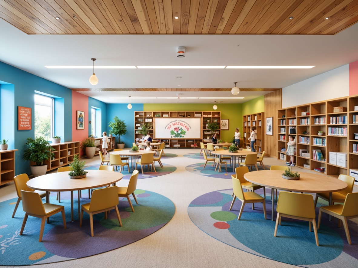 Prompt: Vibrant elementary school, playful color scheme, whimsical murals, inspirational quotes, circular tables, ergonomic chairs, natural wood accents, soft carpet flooring, cozy reading nooks, floor-to-ceiling bookshelves, interactive whiteboards, collaborative learning spaces, geometric patterned rugs, circular pendant lights, modern minimalist decor, plenty of natural light, airy open layout, flexible seating arrangements, decorative wall art, motivational posters, fun educational graphics.