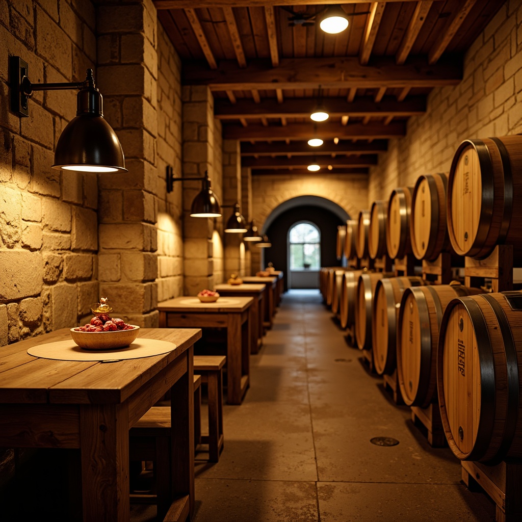 Prompt: Rustic winery, wooden barrel aging room, warm golden lighting, soft ambient glow, vintage industrial lamps, metal shade fixtures, earthy stone walls, reclaimed wood accents, natural textures, warm beige tones, rich wood grains, cozy atmospheric illumination, dimmable LED lights, lantern-style pendant lights, subtle color temperature transitions, 1/2 composition, shallow depth of field, realistic renderings.