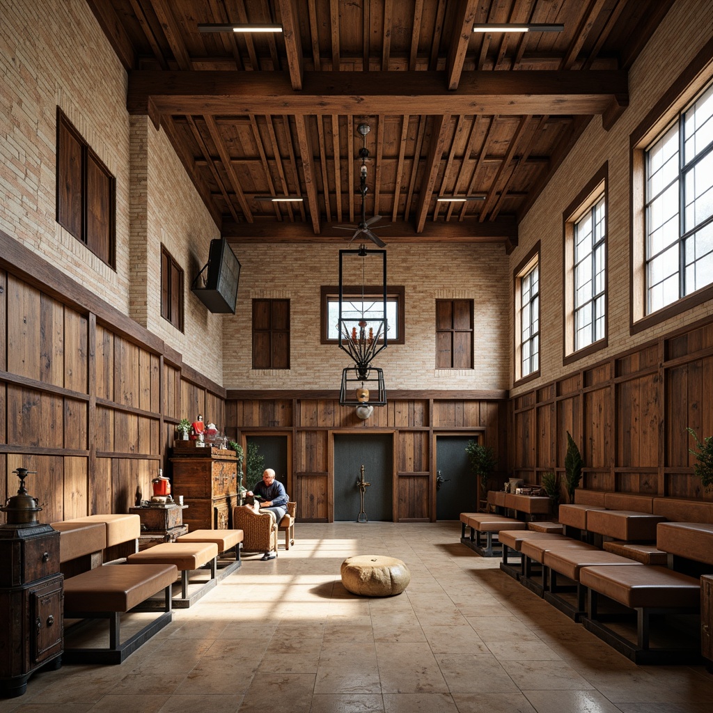 Prompt: Rustic gymnasium interior, reclaimed wood accents, vintage sports equipment, distressed metal frames, wooden bleachers, exposed brick walls, earthy tone color scheme, natural stone flooring, industrial-style lighting fixtures, antique-inspired furnishings, worn leather upholstery, rustic wooden benches, aged metal lockers, distressed wooden doors, soft warm lighting, shallow depth of field, 2/3 composition, realistic textures, ambient occlusion.