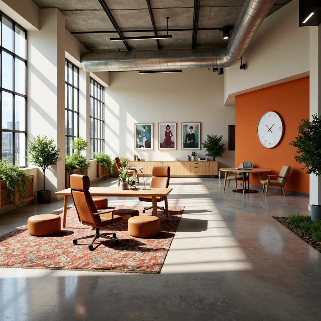 Prompt: Open-plan office space, mid-century modern furniture, sleek wooden desks, ergonomic chairs, geometric-patterned rugs, floor-to-ceiling windows, natural light, minimalist decor, simple shelving units, greenery accents, industrial-chic lighting fixtures, retro-style clocks, abstract artwork, neutral color palette, warm beige tones, polished concrete floors, functional storage cabinets, collaborative workspaces, circular meeting tables, comfortable lounge areas, vibrant accent walls, 3/4 composition, shallow depth of field, softbox lighting.