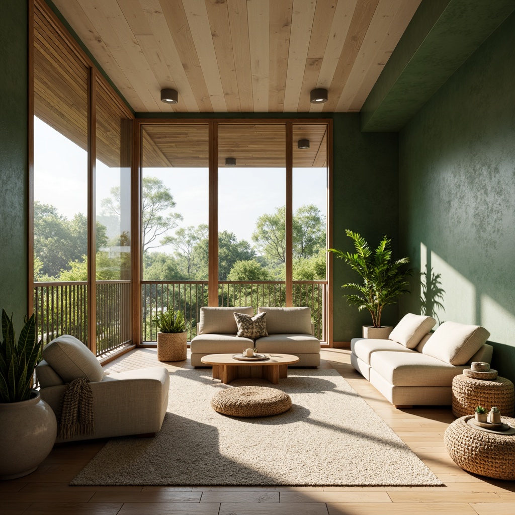 Prompt: Earthy tones, natural materials, wooden accents, plants, green walls, calming atmosphere, soft warm lighting, beige furniture, creamy whites, pale blues, muted greens, nature-inspired hues, textured rugs, organic shapes, minimalist decor, cozy nooks, inviting ambiance, 3/4 composition, shallow depth of field, panoramic view, realistic textures, ambient occlusion.