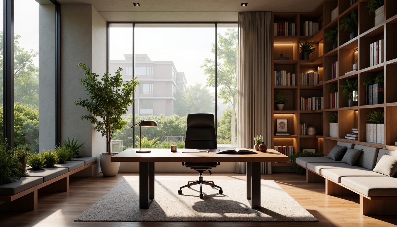 Prompt: Sleek home office, minimalist decor, polished wooden desk, ergonomic chair, modern task lamp, geometric bookshelves, leather-bound tomes, greenery accents, floor-to-ceiling windows, natural light pouring in, soft warm glow, 1/1 composition, shallow depth of field, realistic textures, ambient occlusion, organized workspace, metallic accents, innovative storage solutions, hidden cable management, comfortable reading nook, plush area rug, calming color palette.