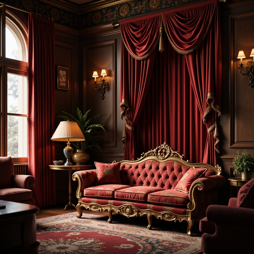 Prompt: Opulent velvet drapes, intricate golden embroidery, lavish silk fabrics, ornate wooden furniture, carved gilded frames, luxurious tufted upholstery, rich brocade patterns, majestic crimson reds, regal blues, dramatic lighting effects, soft warm candlelight, shallow depth of field, 1/1 composition, intimate close-up shots, realistic textures, ambient occlusion.