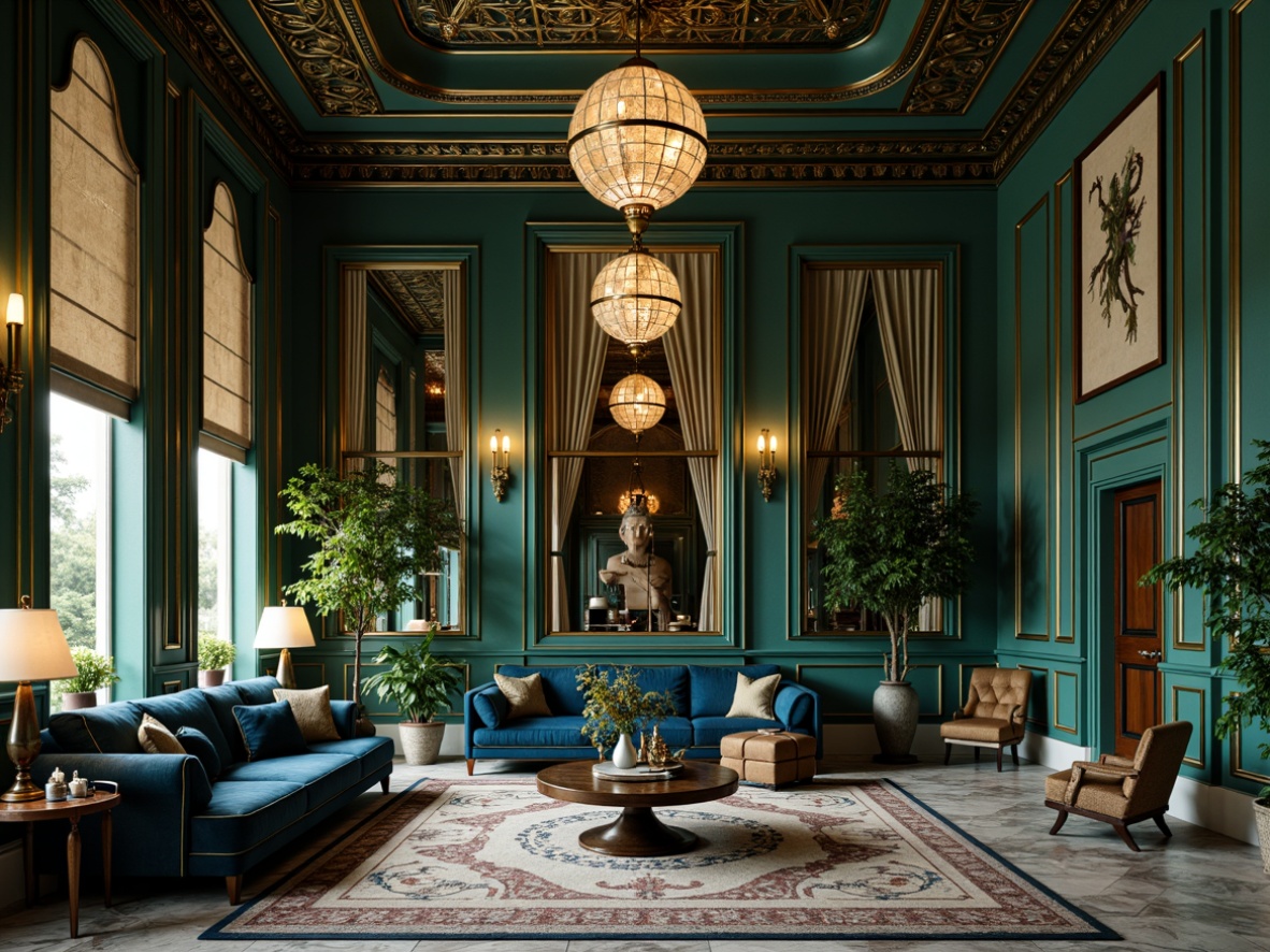 Prompt: Luxurious great room, opulent Art Deco style, rich jewel tones, emerald green walls, navy blue accents, metallic gold fixtures, velvet soft furnishings, geometric patterned rugs, marble floors, ornate chandeliers, lavish drapery, elegant moldings, sophisticated ambiance, warm golden lighting, shallow depth of field, 1/1 composition, cinematic perspective, highly detailed textures, ambient occlusion.