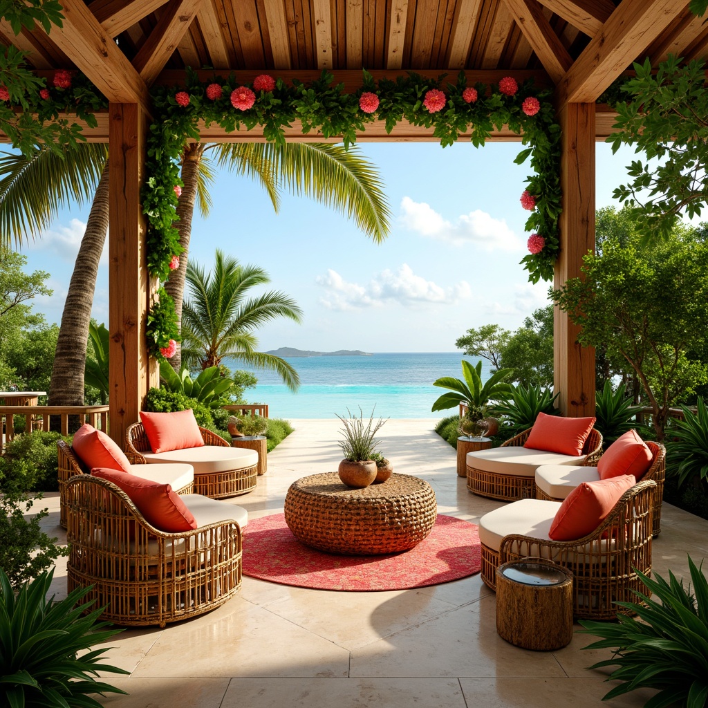 Prompt: Vibrant tropical colors, bright coral hues, sunny yellow accents, lush greenery, turquoise ocean views, warm beige sand, exotic floral patterns, intricate leaf textures, natural wood tones, rattan furniture, woven textiles, colorful tiki torches, rustic driftwood decor, airy open spaces, soft warm lighting, shallow depth of field, 1/1 composition, realistic renderings.