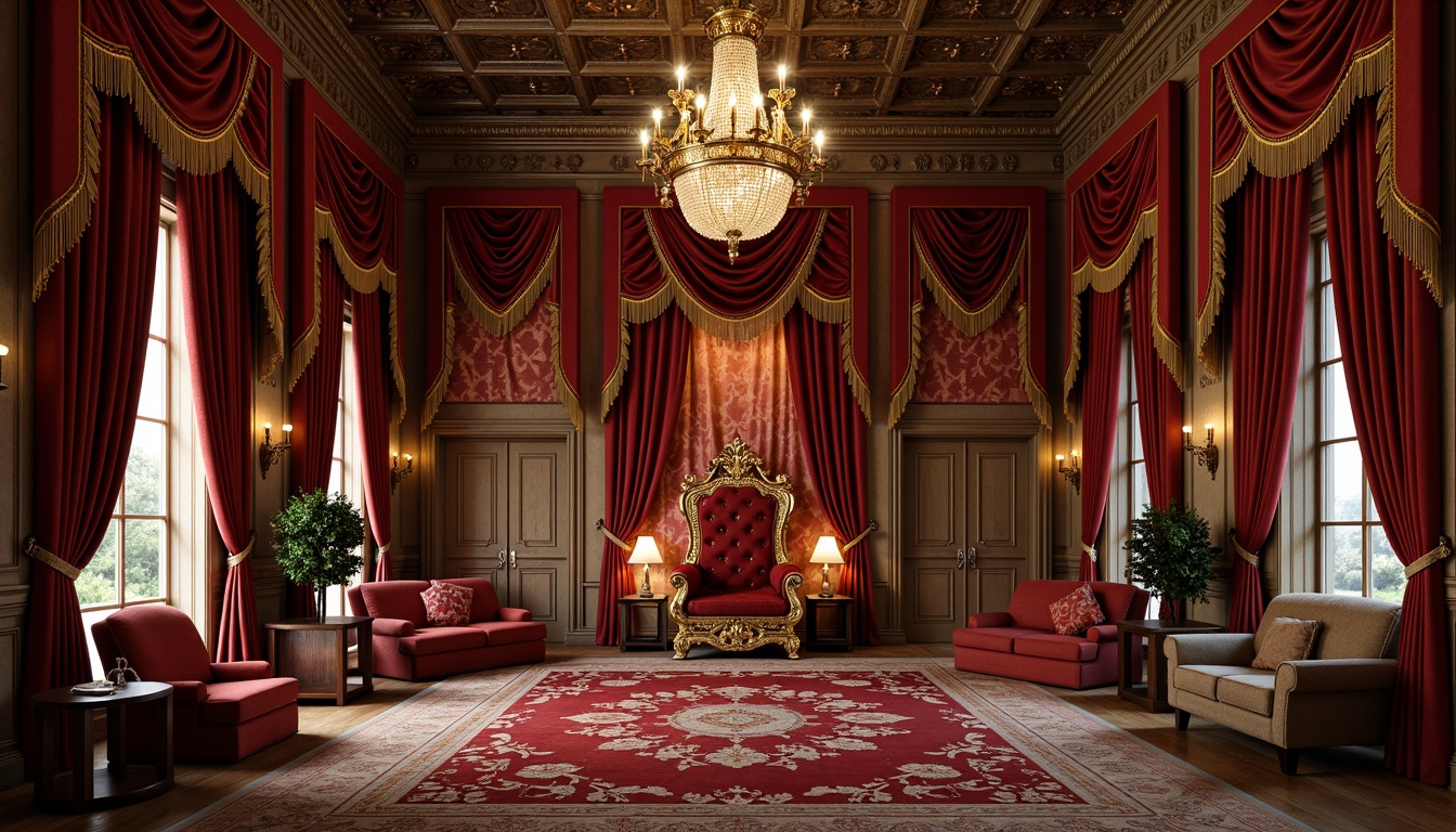 Prompt: Rich velvet fabrics, intricate golden embroidery, ornate floral patterns, luxurious silk drapes, lavish tassels, opulent fringe trim, majestic crowns, regal throne-inspired furniture, grandiose crystal chandeliers, dramatic coved ceilings, warm candlelight, soft focused lighting, shallow depth of field, 1/2 composition, realistic textures, ambient occlusion.