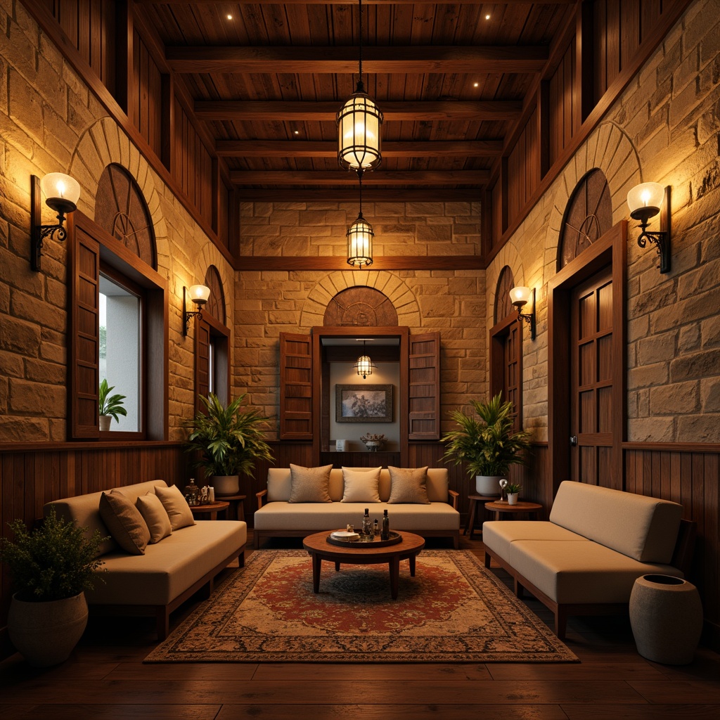 Prompt: Warm ambient lighting, rustic wooden accents, earthy tones, natural stone walls, traditional architectural details, ornate carvings, soft candlelight, lantern-inspired fixtures, warm beige colors, cozy nooks, intimate seating areas, decorative metalwork, distressed wood textures, vintage accessories, nostalgic charm, softbox lighting, 1/1 composition, shallow depth of field, realistic render.